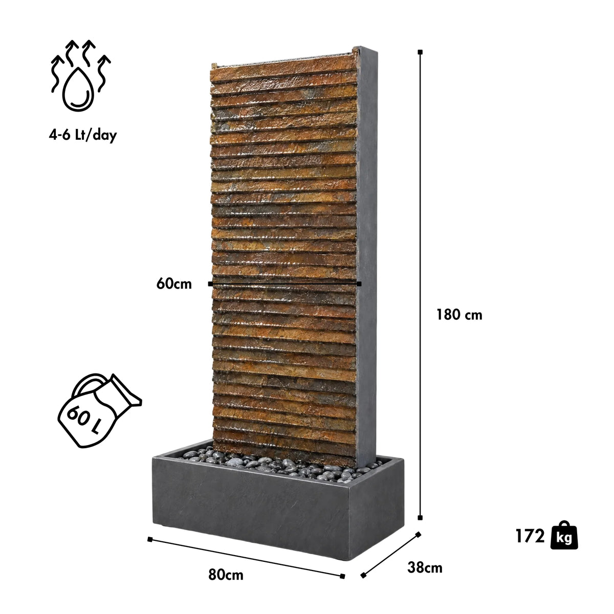 AVA GRANDE Wasserwand aus Schiefer Rusty, Massübersicht: 180 cm hoch, 80 x 38 cm Grundfläche - CLIMAQUA
