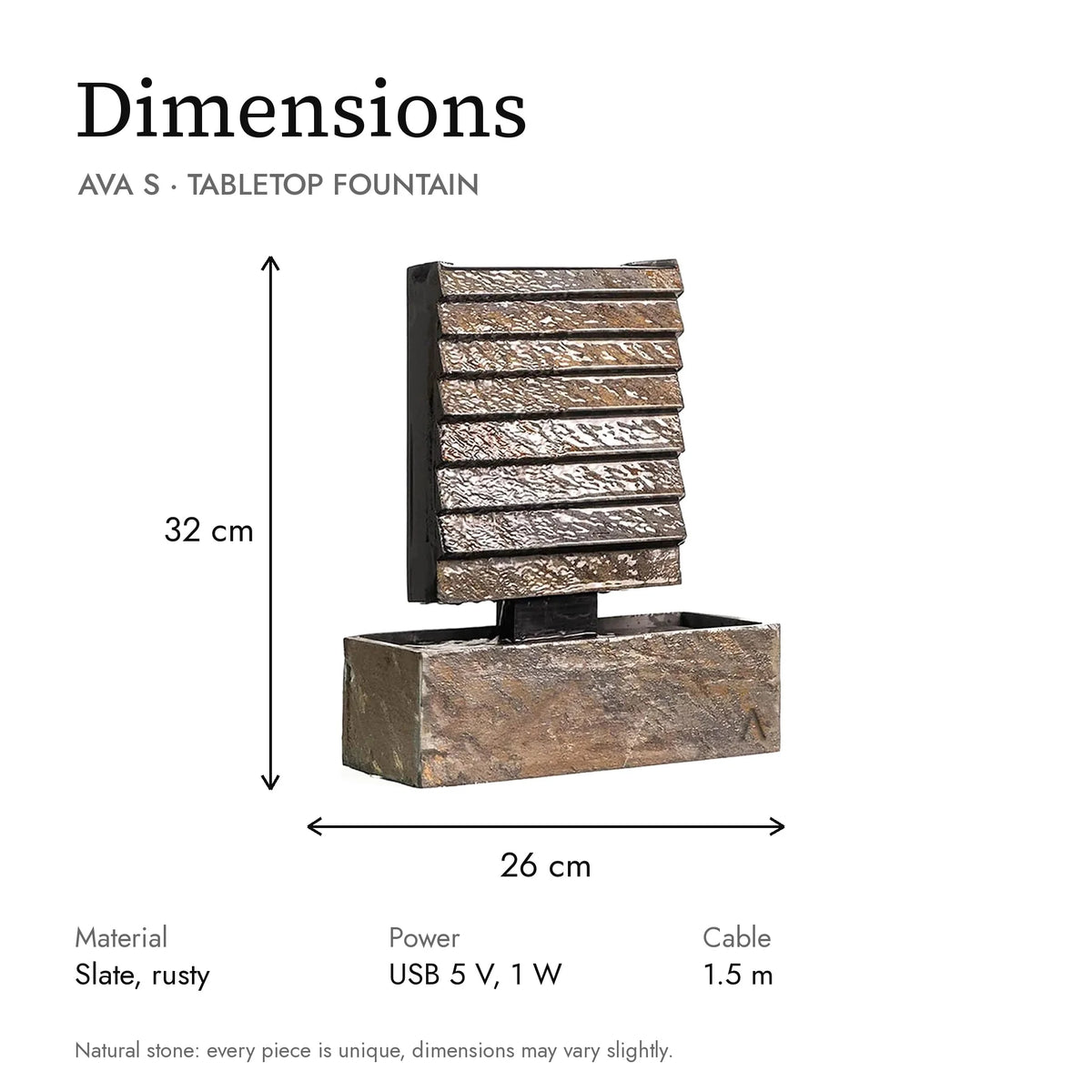 Dimensions of the AVA S tabletop fountain