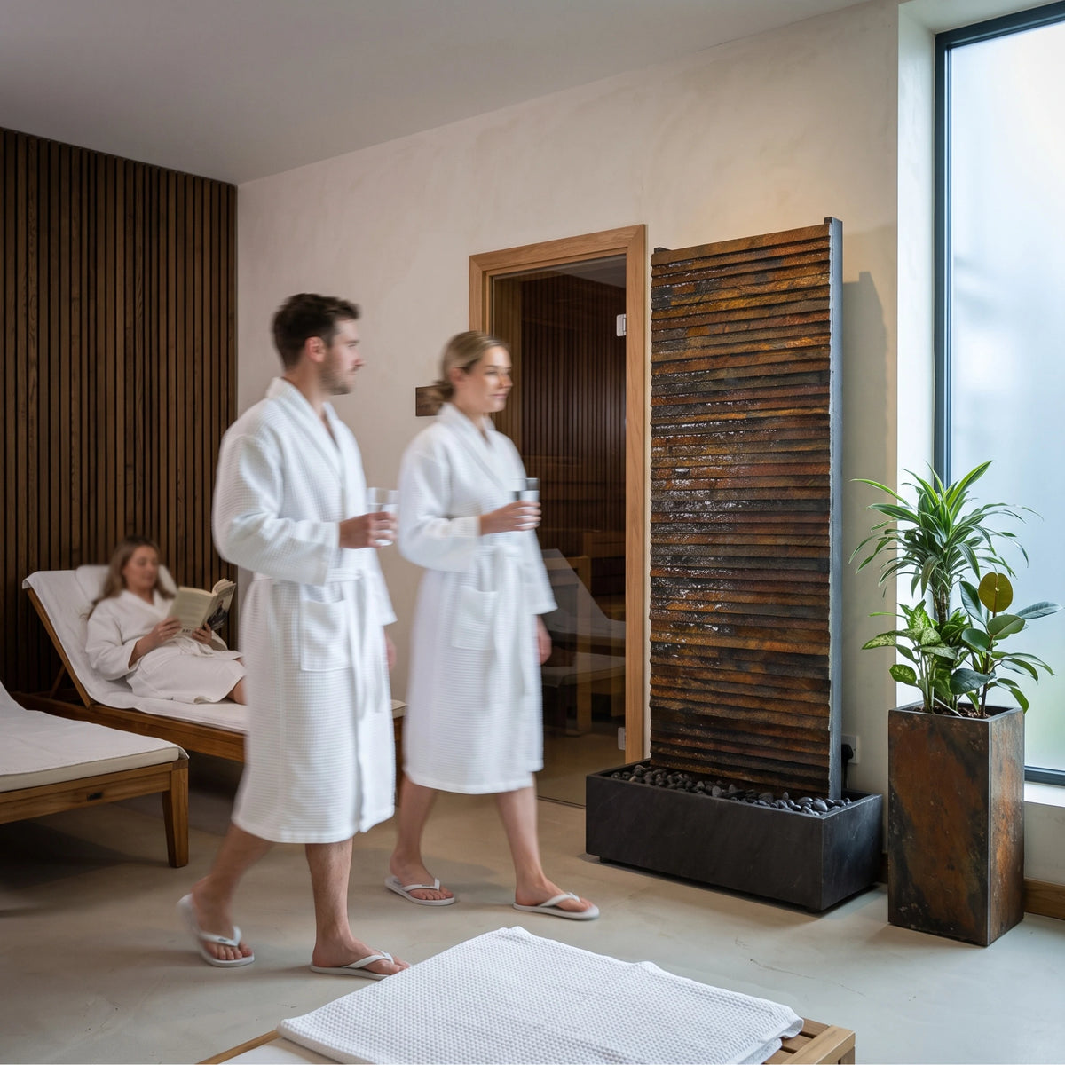 AVA GRANDE Wasserwand aus Schiefer Rusty als Raumteiler in einem Spa-Bereich, zwei Personen im Bademantel - CLIMAQUA (KI-Inhalte)