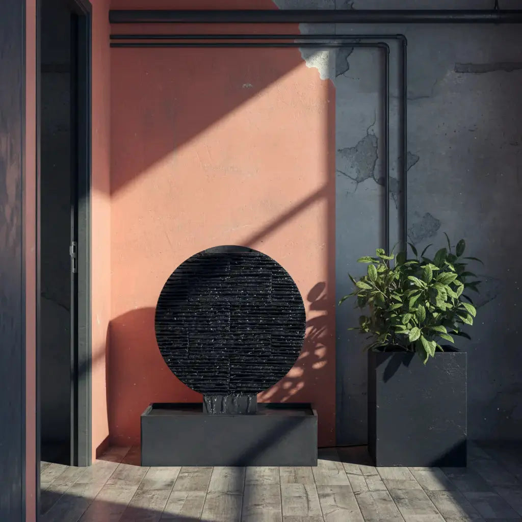 AYO L – Grosser Zen Brunnen Kreis aus Schiefer Schwarz - CLIMAQUA