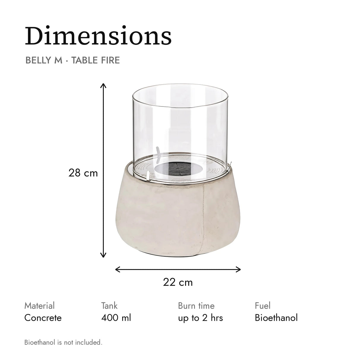 Dimensions of the BELLY M table fire