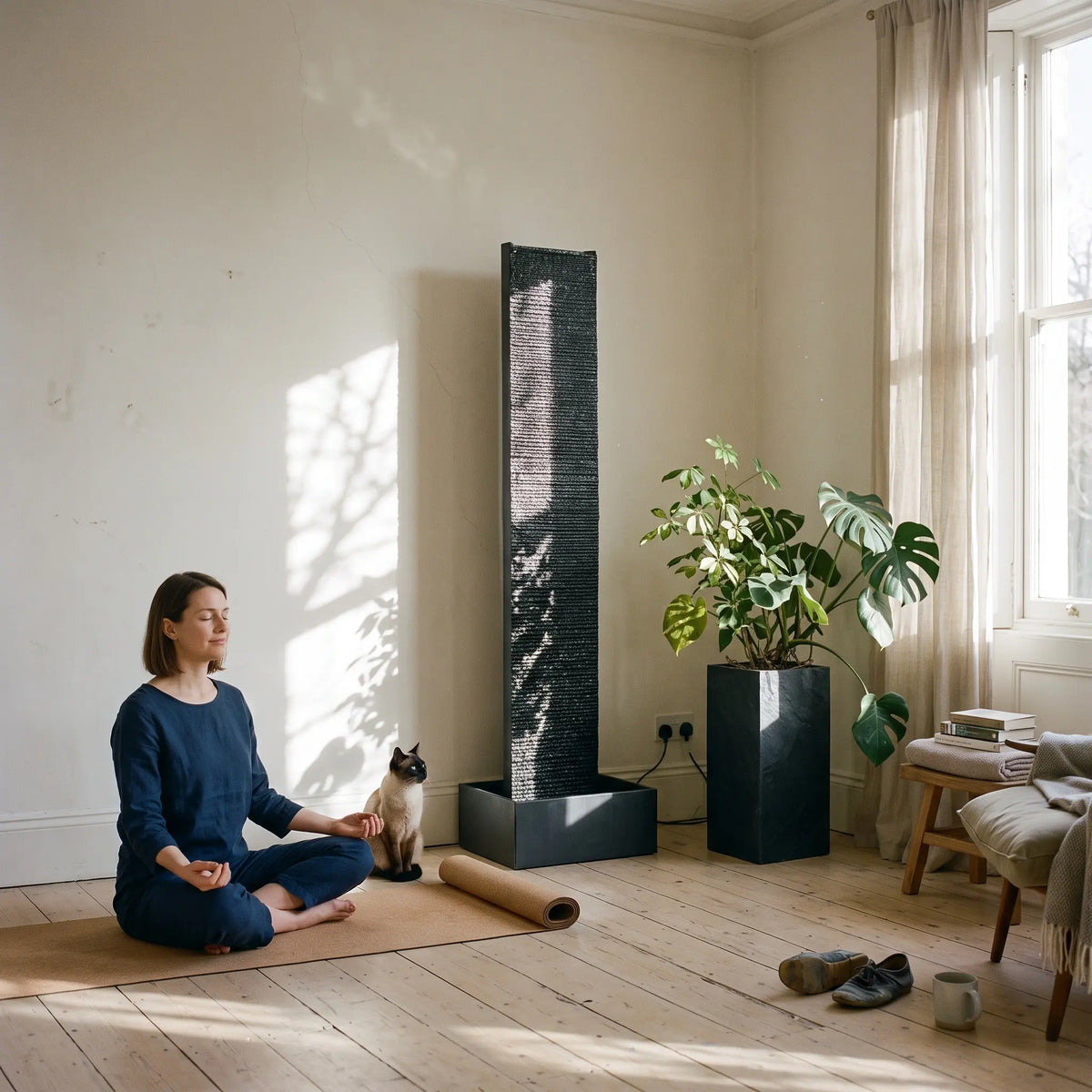 CLIMAQUA LIV XL Wasserwand aus anthrazitfarbenem Schiefer in einer ruhigen Yoga-Ecke, daneben ein PYLO 60 Pflanzgefäss mit Monstera - CLIMAQUA (KI-Inhalte)