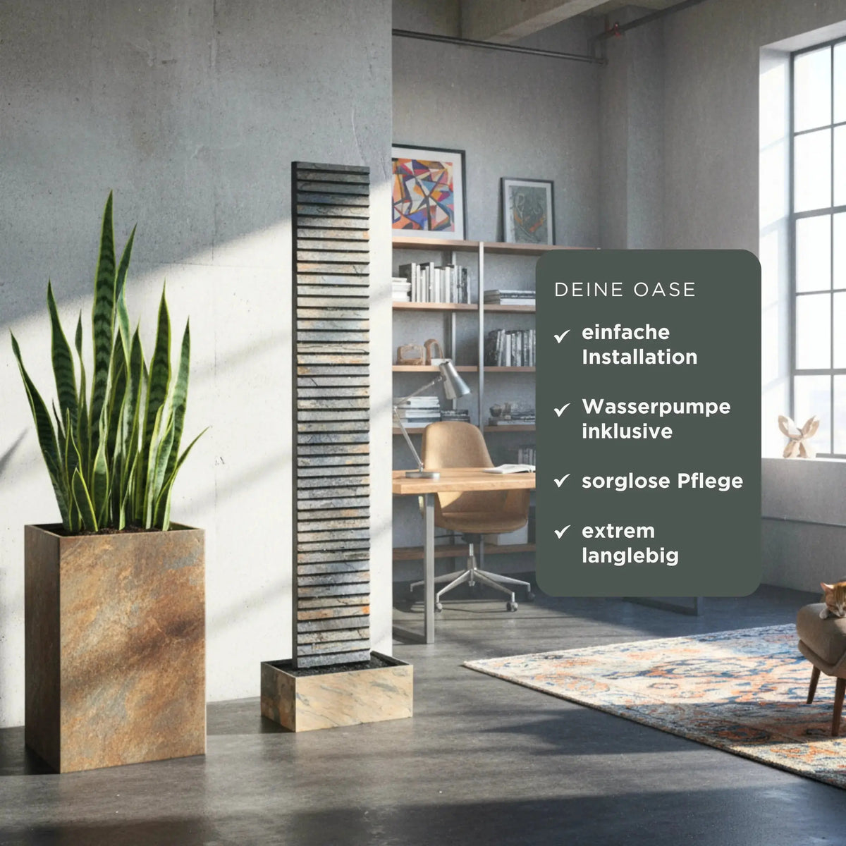 AVA XL DREAM LIVING Set – Wasserwand im Wohnraum mit Übersicht der Vorteile: einfache Installation, Wasserpumpe inklusive, sorglose Pflege, langlebig - CLIMAQUA (KI-Inhalte)