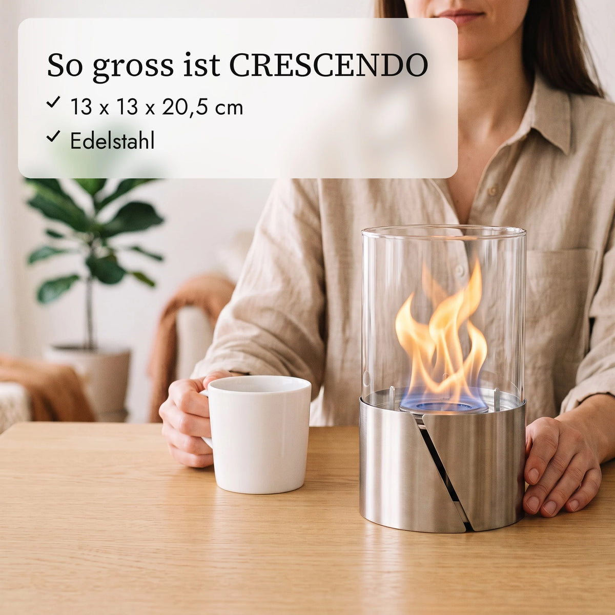 So gross ist CRESCENDO: 13 x 13 x 20,5 cm neben Kaffeetasse und Hand (KI-Inhalte)