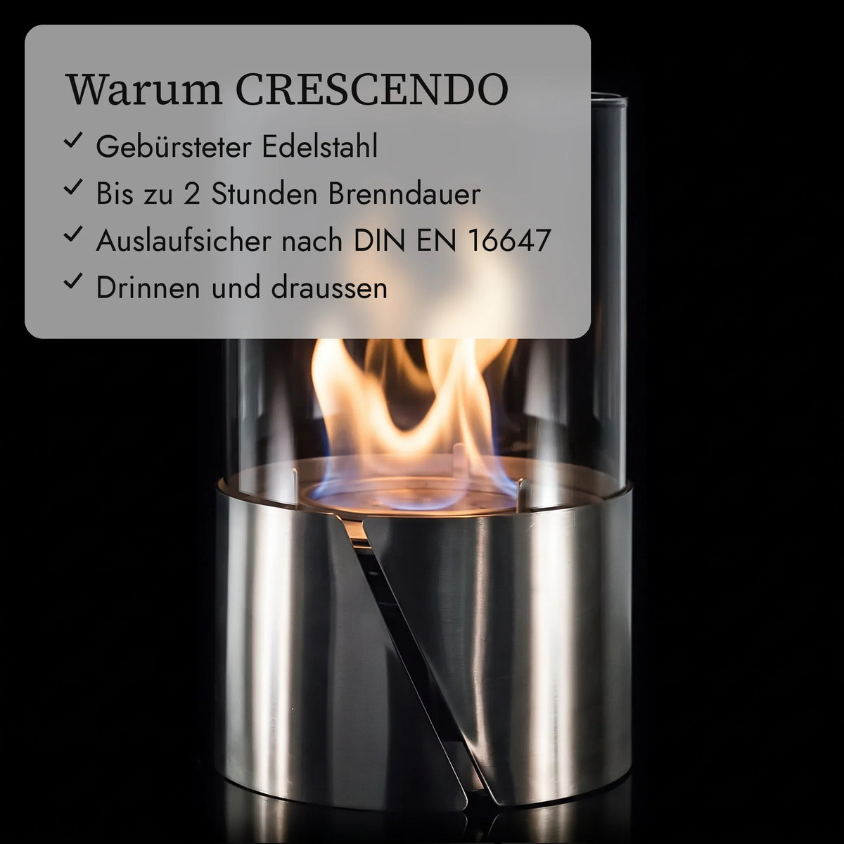 Warum CRESCENDO: Gebürsteter Edelstahl, Bis zu 2 Stunden Brenndauer, Auslaufsicher nach DIN EN 16647, Drinnen und draussen (KI-Inhalte)