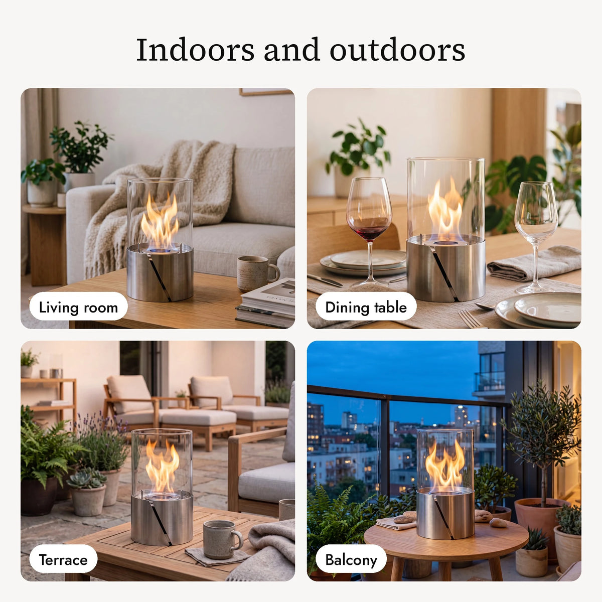 CRESCENDO table fire in the living room, at the dining table, on the terrace and on the balcony (AI content)