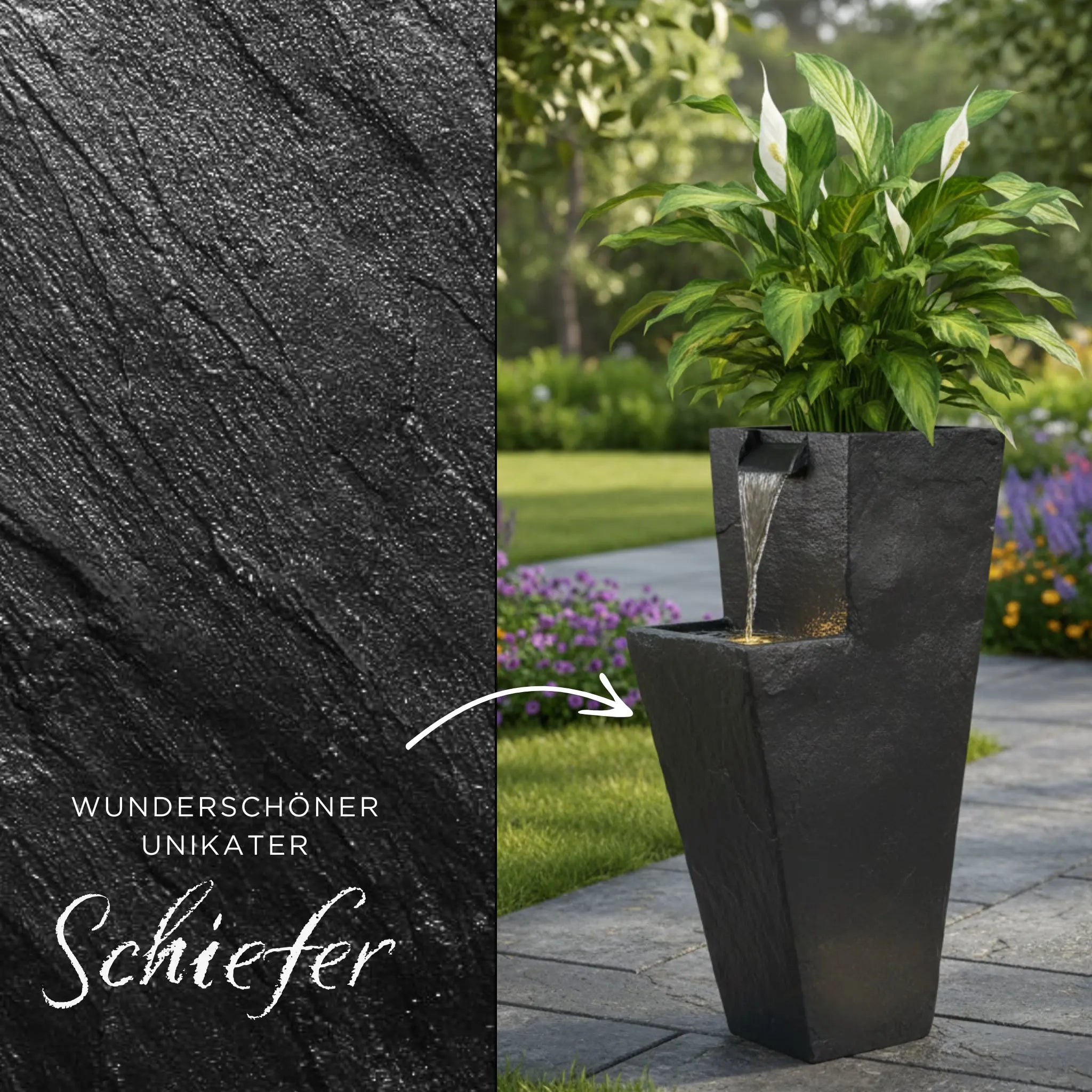 ZOE 30 Anthrazit – Wasserfallbrunnen mit Pflanzgefäss aus Naturschiefer Braun mit LED-Beleuchtung 38 x 26 x 76 cm 25 kg - CLIMAQUA