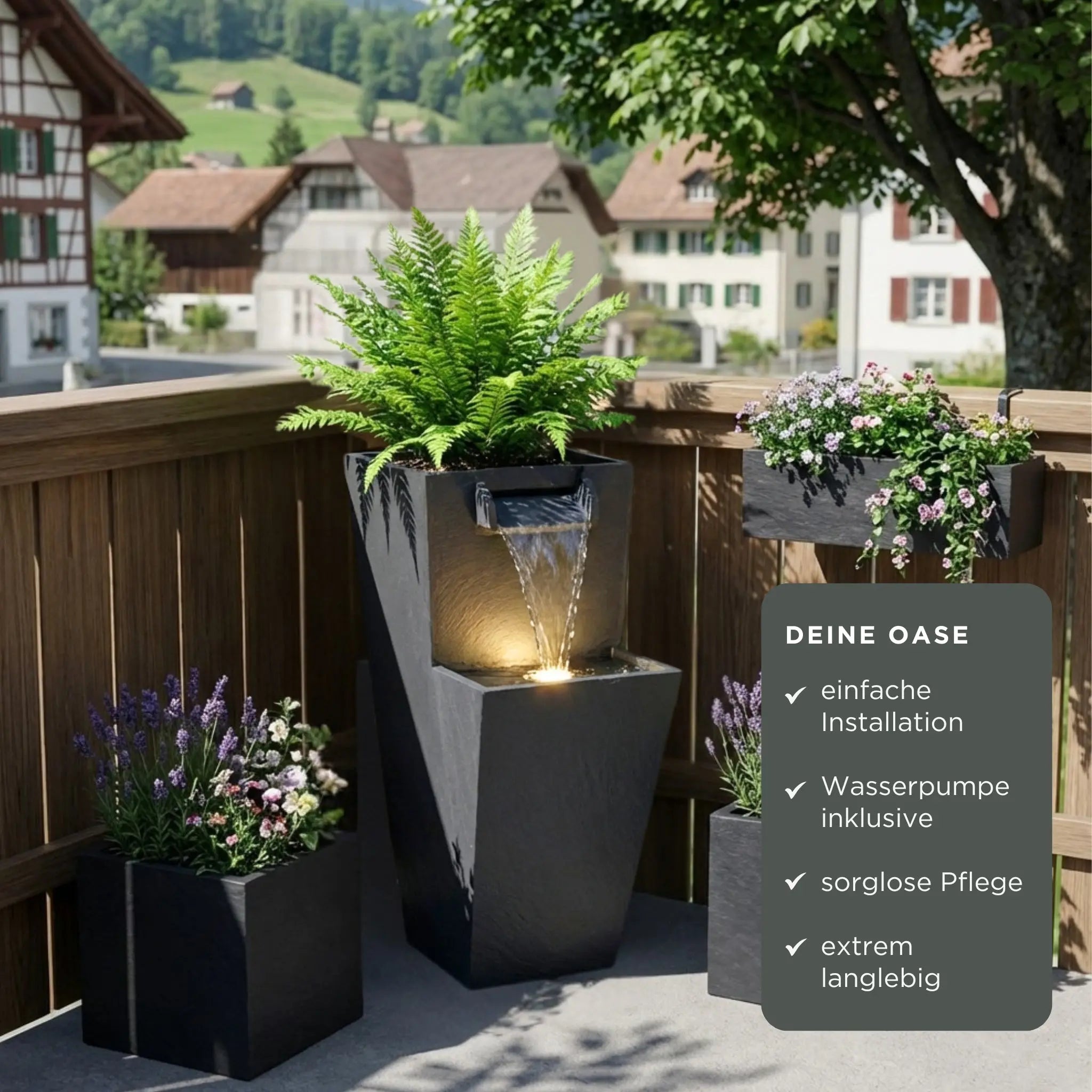 ZOE 20 Anthrazit – Gartenbrunnen mit Pflanzgefäss Wasserfall aus Naturschiefer Schwarz mit LED-Beleuchtung 28 x 21 x 53 cm 14 kg - CLIMAQUA