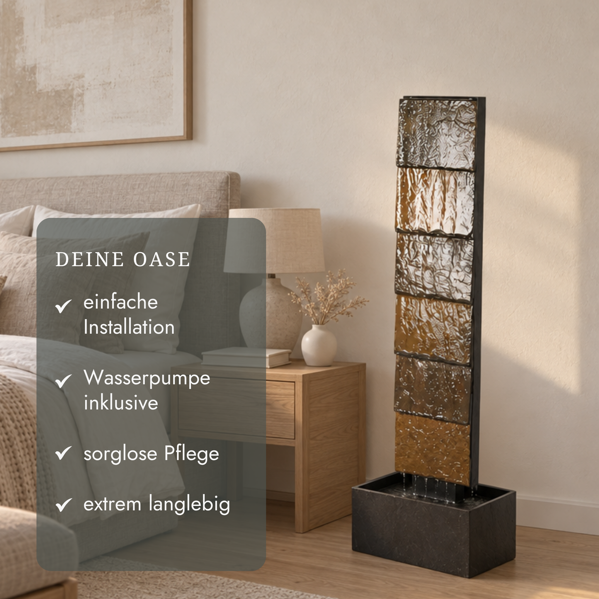 VIO L Rusty Wasserwand aus Schiefer im Wohnraum mit Übersicht der Vorteile: einfache Installation, Wasserpumpe inklusive, sorglose Pflege, extrem langlebig - CLIMAQUA (KI-Inhalte)