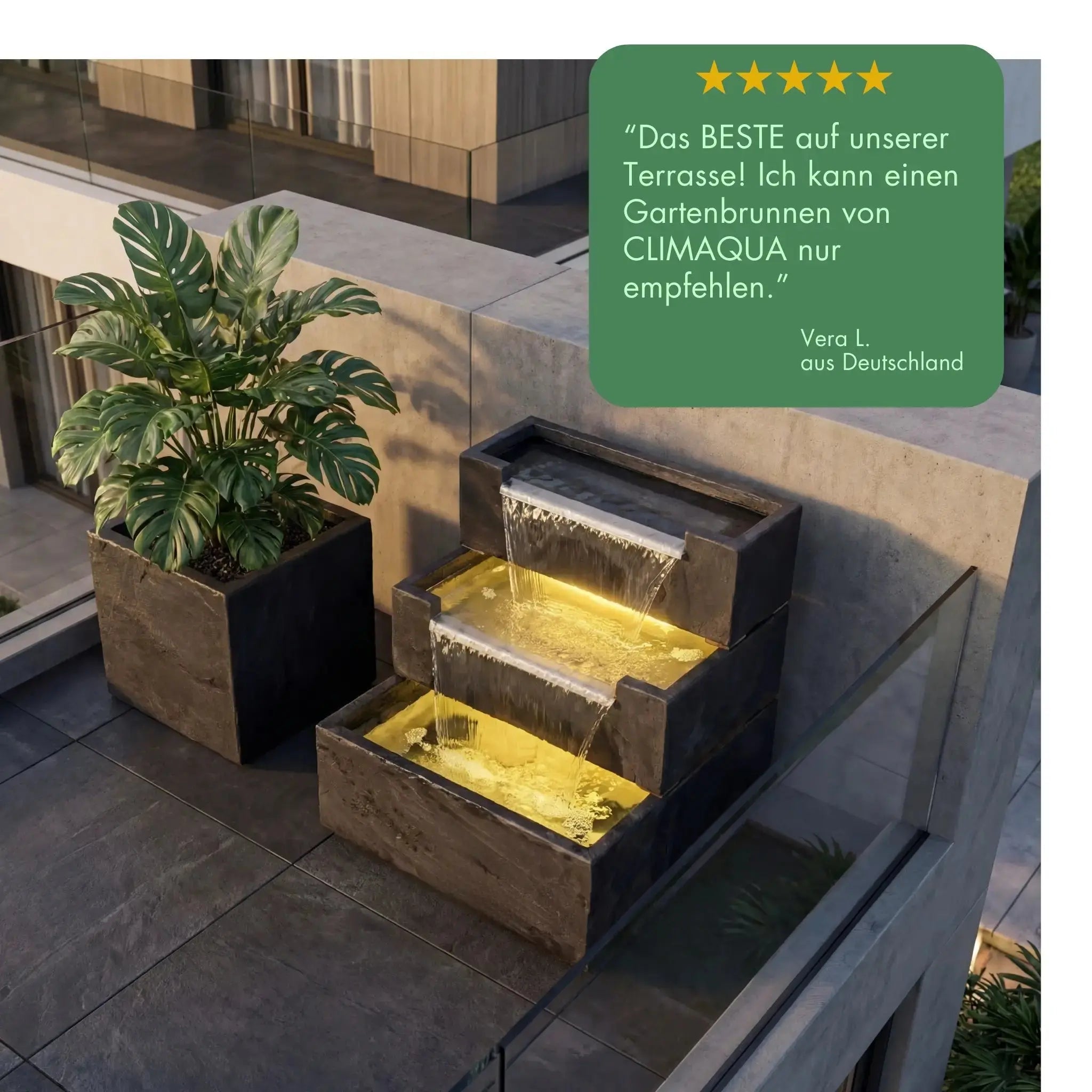 FIJI Falls – Gartenbrunnen mit zweifachem Wasserfall und warmweisser Belechtung - CLIMAQUA