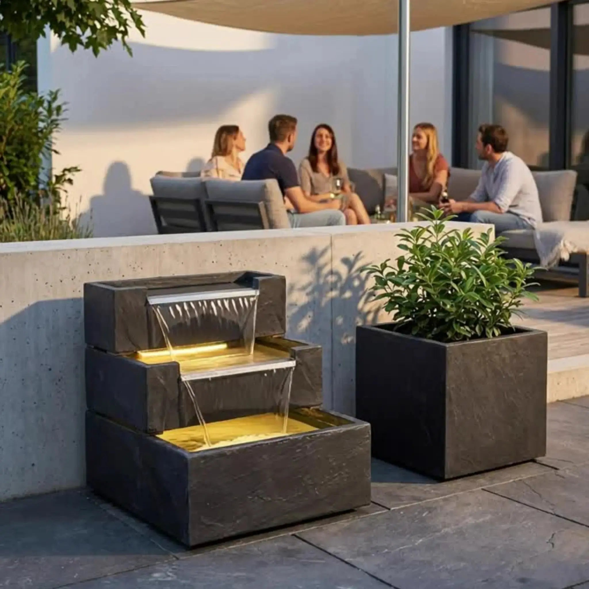 FIJI Falls – Gartenbrunnen mit zweifachem Wasserfall und warmweisser Belechtung - CLIMAQUA