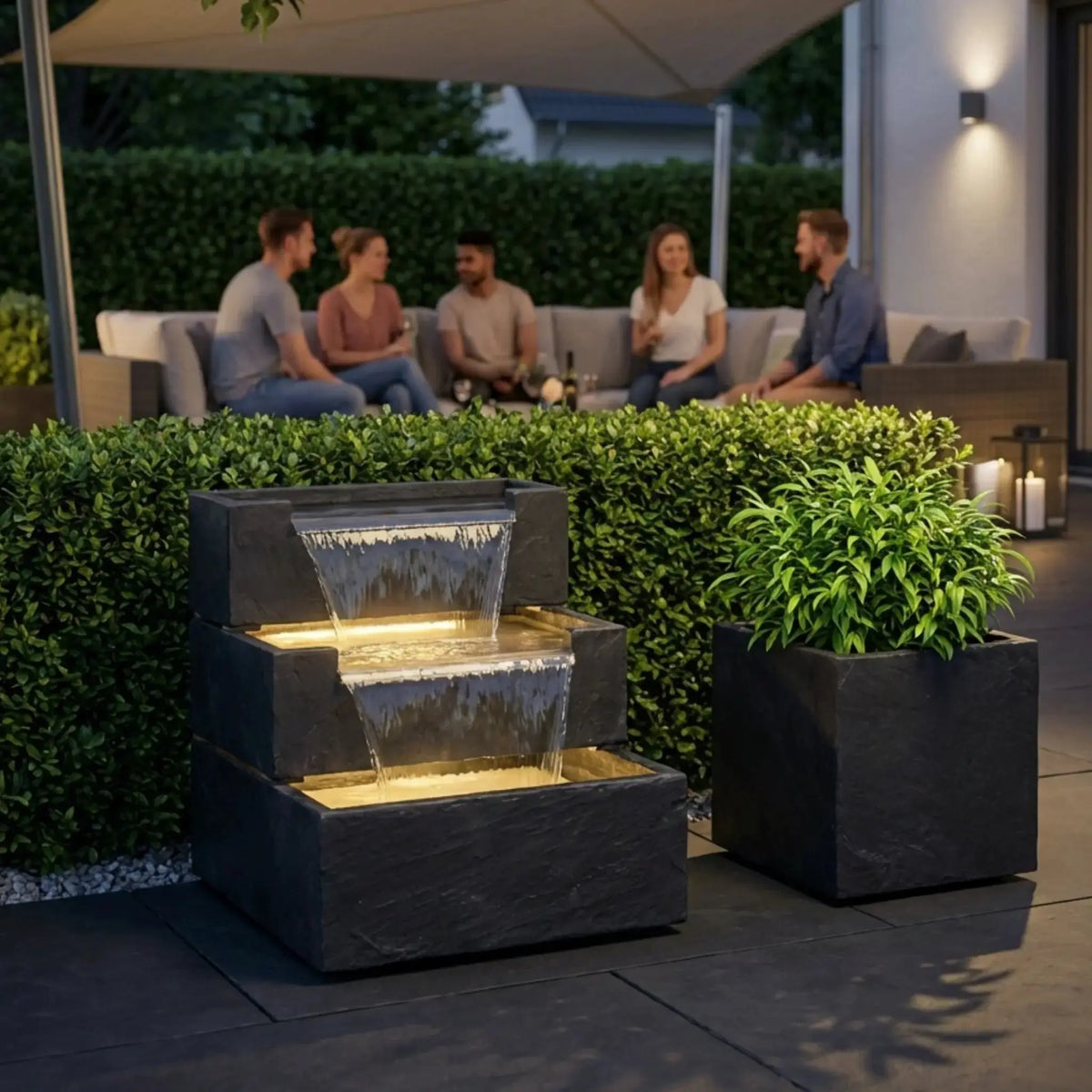 FIJI Falls – Gartenbrunnen mit zweifachem Wasserfall und warmweisser Belechtung - CLIMAQUA