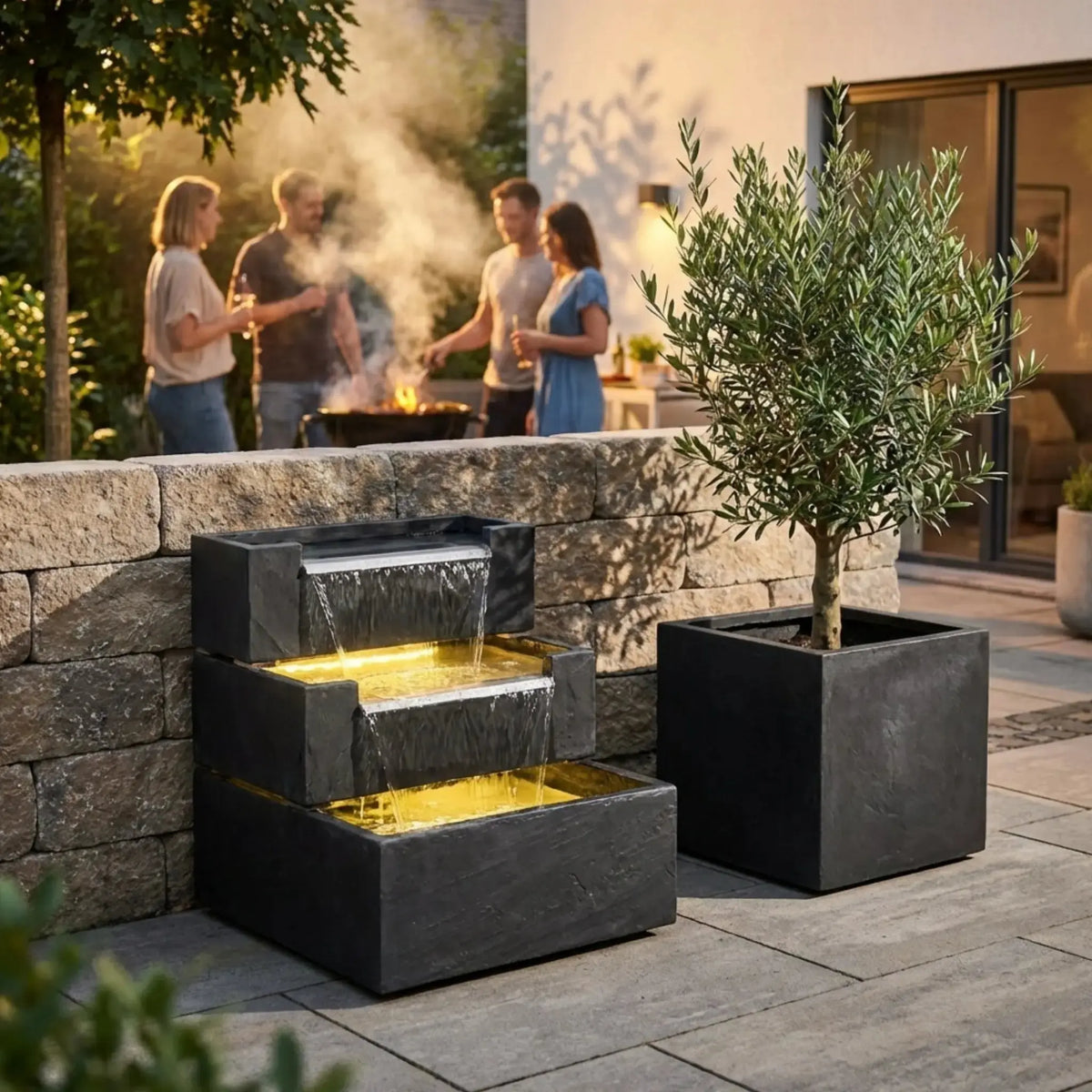 FIJI Falls – Gartenbrunnen mit zweifachem Wasserfall und warmweisser Belechtung - CLIMAQUA