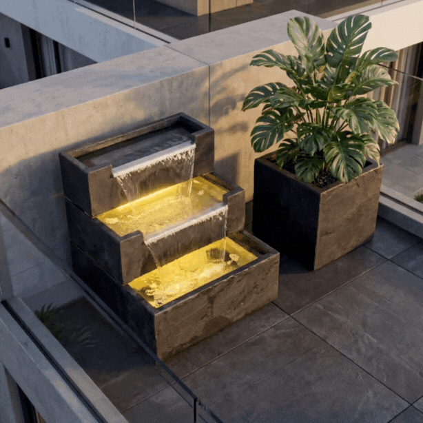 FIJI Falls – Gartenbrunnen mit zweifachem Wasserfall und warmweisser Belechtung - CLIMAQUA