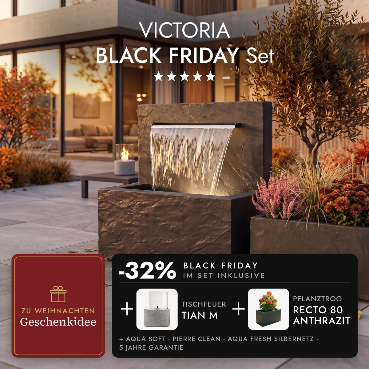 Gartenbrunnen VICTORIA auf der herbstlichen Terrasse mit Pflanztrog RECTO 80 Anthrazit und brennendem Tischfeuer TIAN M auf dem Beistelltisch, VICTORIA BLACK FRIDAY Set (KI-Inhalte)