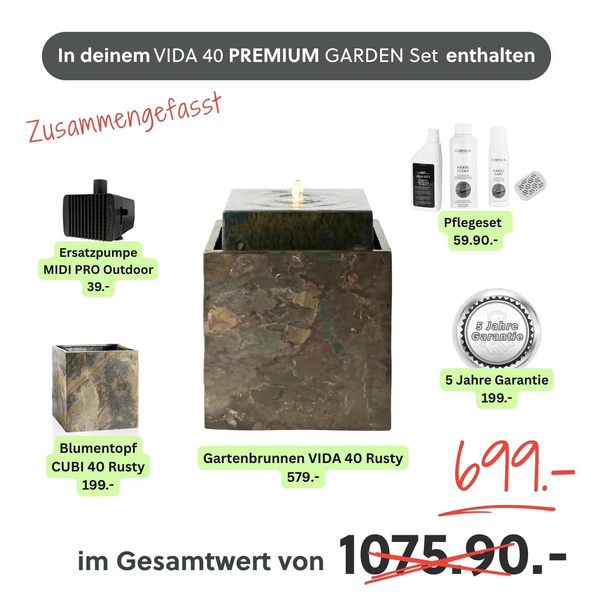 Gartenbrunnen VIDA 40 PREMIUM GARDEN Set Rusty - CLIMAQUA