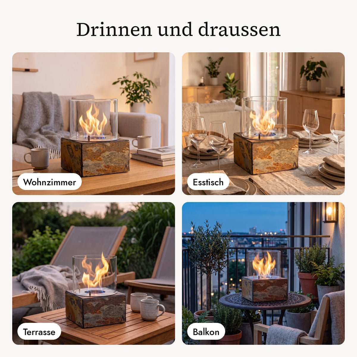 Tischfeuer KLARA M im Wohnzimmer, am Esstisch, auf der Terrasse und auf dem Balkon (KI-Inhalte)