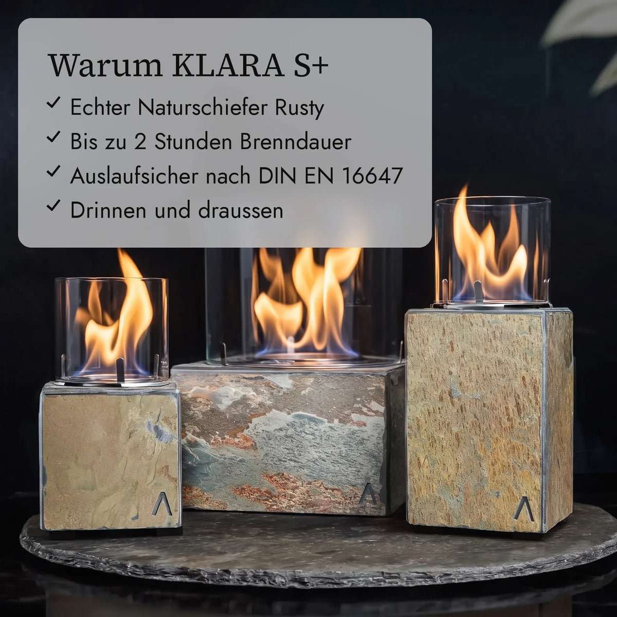 Warum KLARA S+: Echter Naturschiefer Rusty, Bis zu 2 Stunden Brenndauer, Auslaufsicher nach DIN EN 16647, Drinnen und draussen (KI-Inhalte)