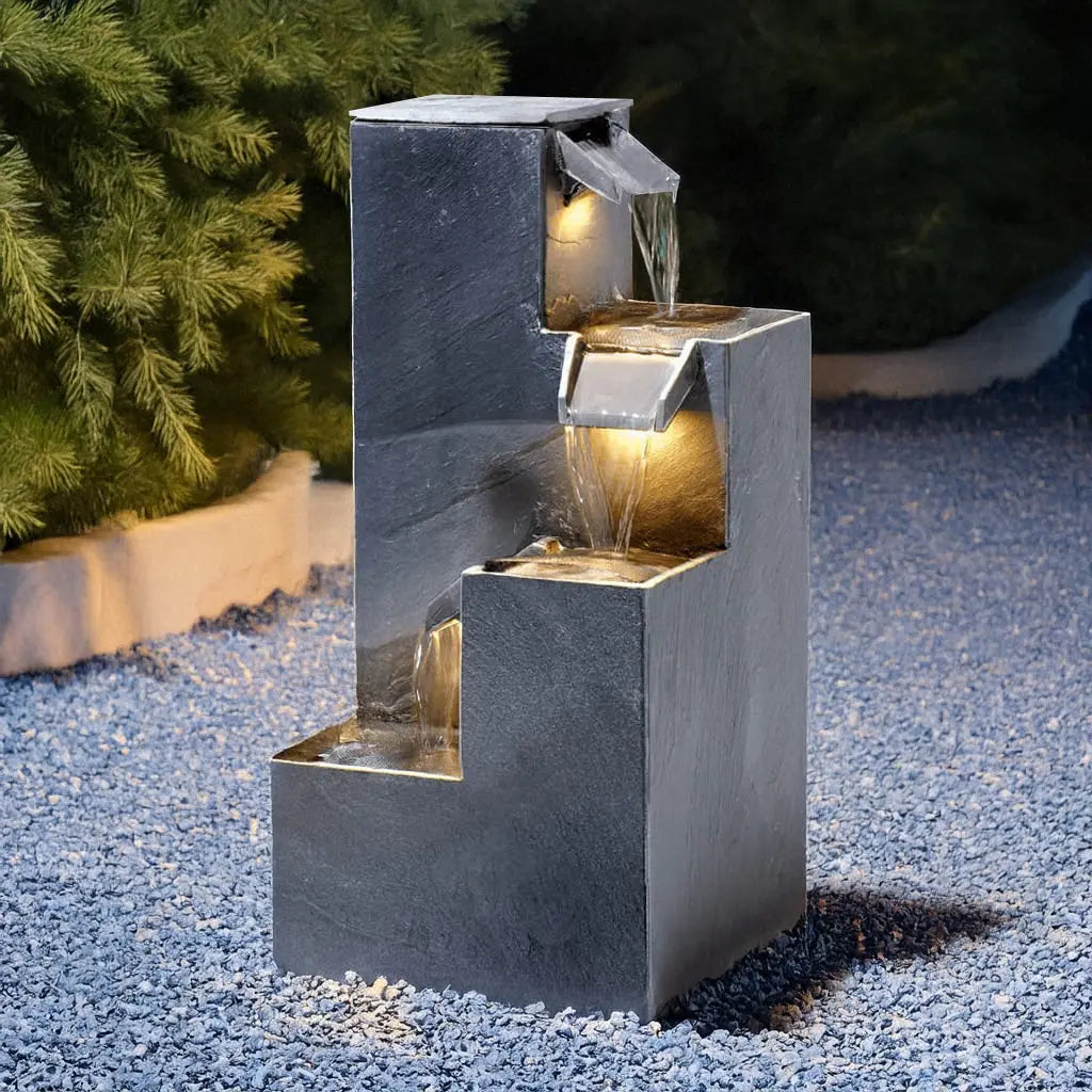 KUBO – Design Stufenbrunnen Schwarz aus Naturschiefer mit Wasserfall und LED-Beleuchtung 35 x 35 x 72 cm 36 kg - CLIMAQUA