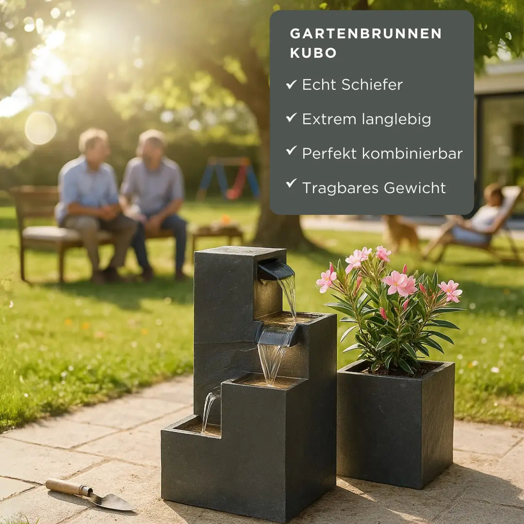 KUBO – Design Stufenbrunnen Schwarz aus Naturschiefer mit Wasserfall und LED-Beleuchtung 35 x 35 x 72 cm 36 kg - CLIMAQUA