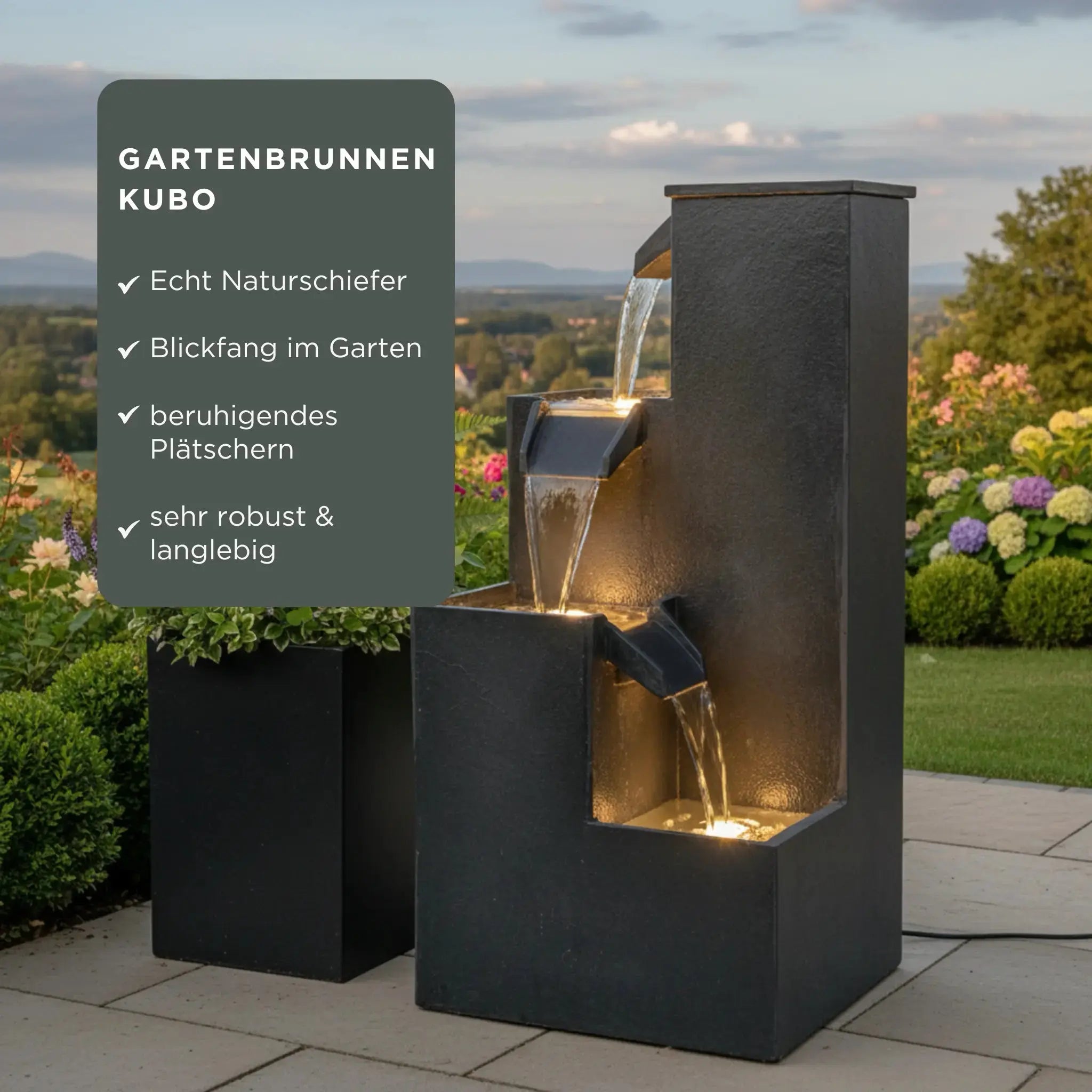 KUBO – Design Stufenbrunnen Schwarz aus Naturschiefer mit Wasserfall und LED-Beleuchtung 35 x 35 x 72 cm 36 kg - CLIMAQUA