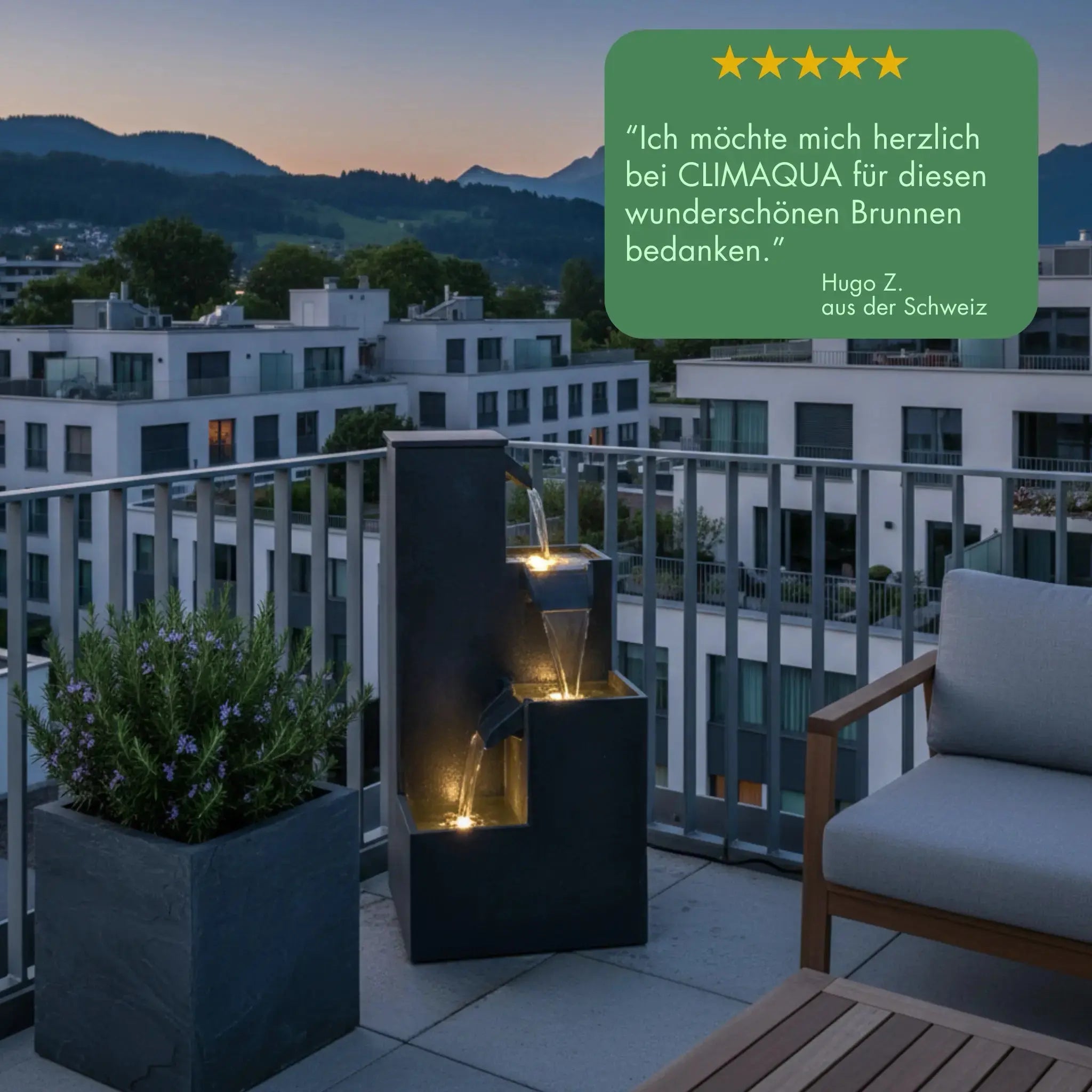 KUBO – Design Stufenbrunnen Schwarz aus Naturschiefer mit Wasserfall und LED-Beleuchtung 35 x 35 x 72 cm 36 kg - CLIMAQUA