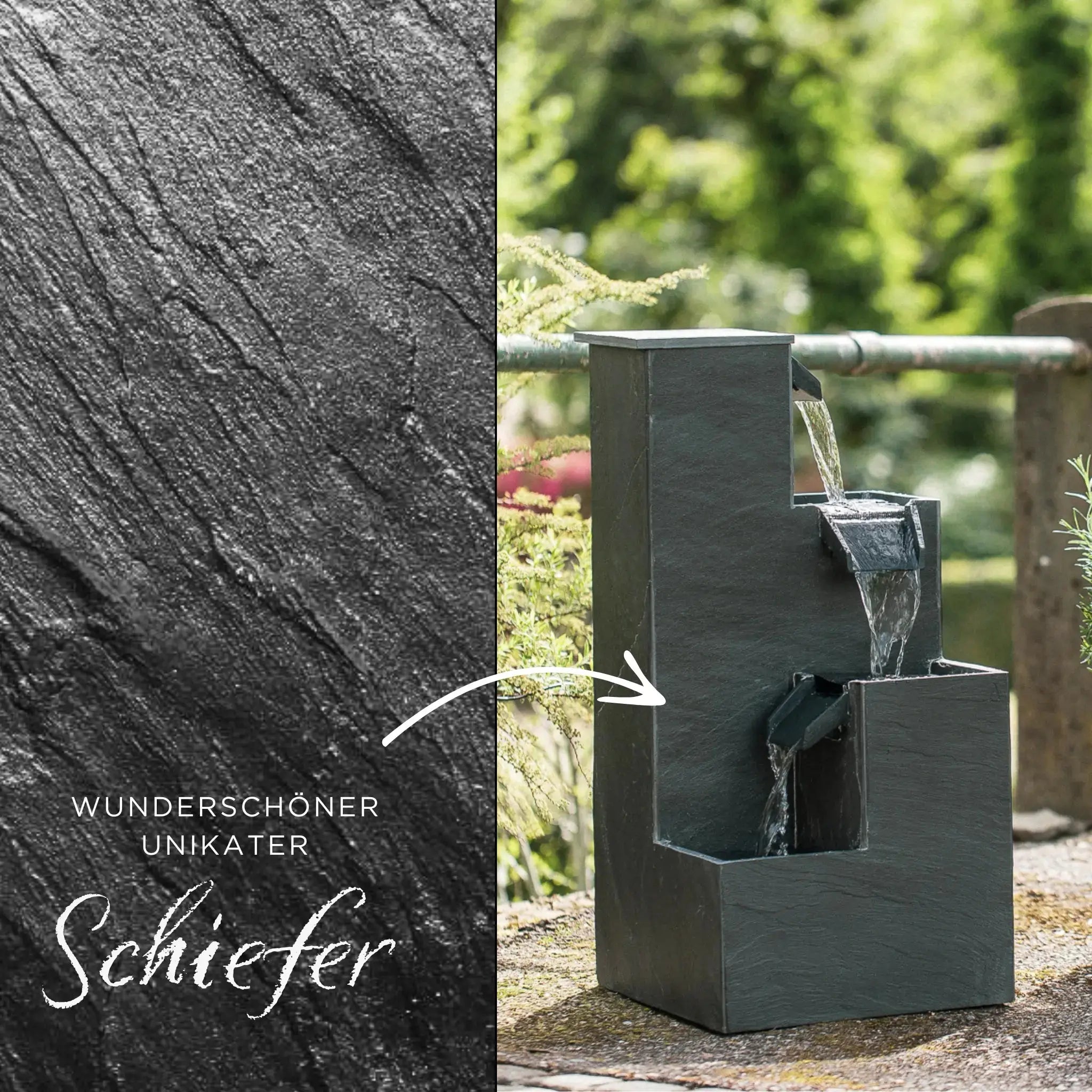 KUBO – Design Stufenbrunnen Schwarz aus Naturschiefer mit Wasserfall und LED-Beleuchtung 35 x 35 x 72 cm 36 kg - CLIMAQUA