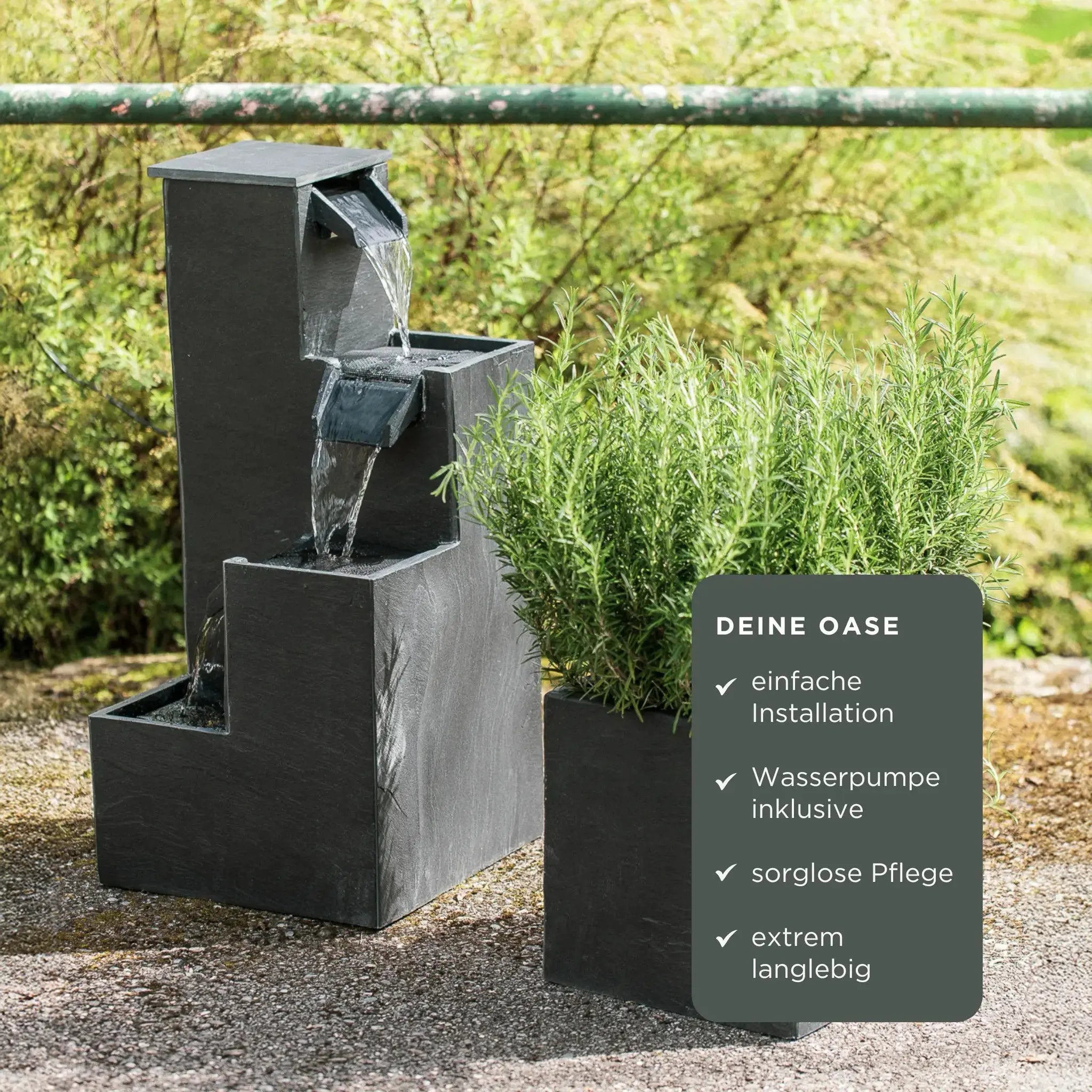 KUBO – Design Stufenbrunnen Schwarz aus Naturschiefer mit Wasserfall und LED-Beleuchtung 35 x 35 x 72 cm 36 kg - CLIMAQUA