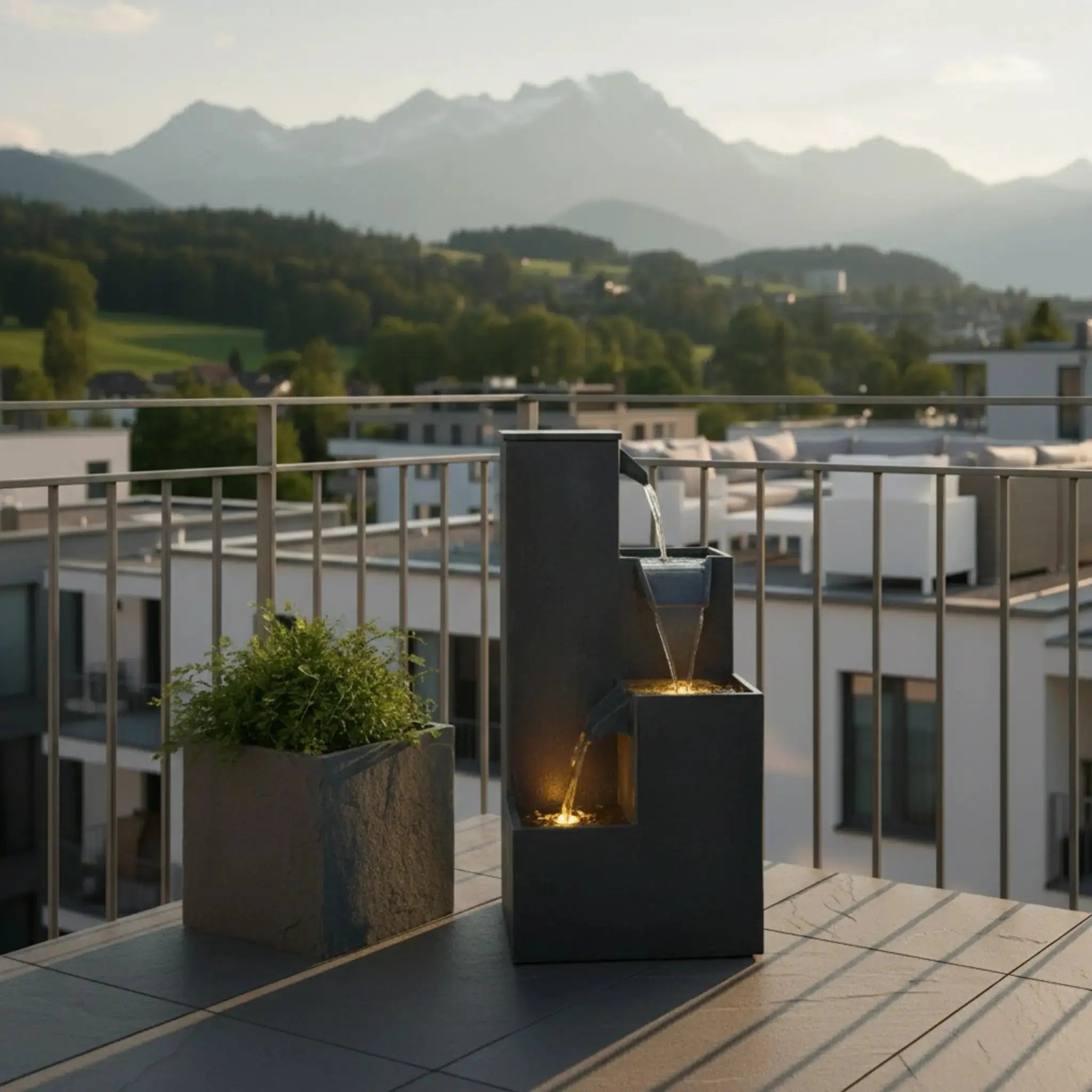 KUBO – Design Stufenbrunnen Schwarz aus Naturschiefer mit Wasserfall und LED-Beleuchtung 35 x 35 x 72 cm 36 kg - CLIMAQUA