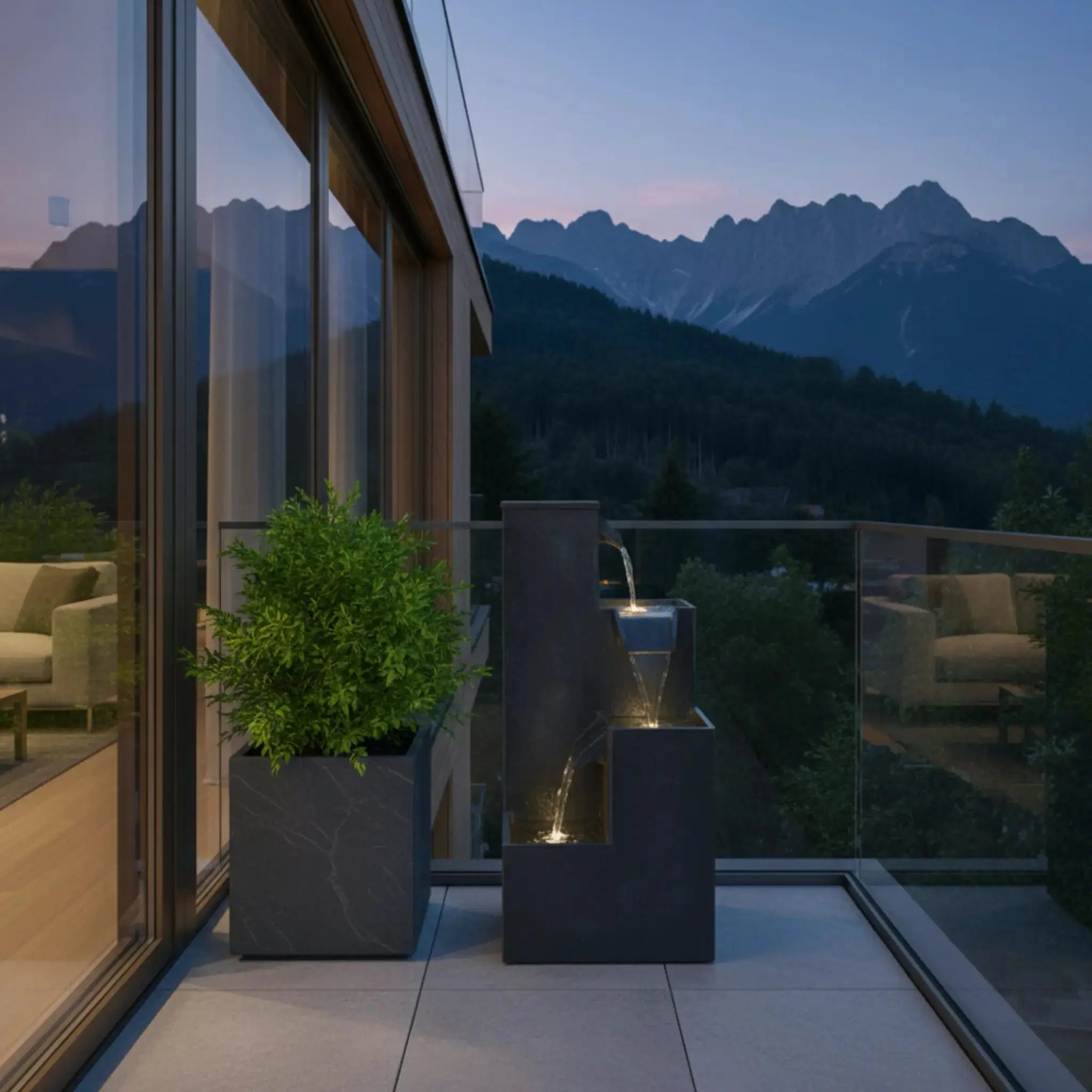 KUBO – Design Stufenbrunnen Schwarz aus Naturschiefer mit Wasserfall und LED-Beleuchtung 35 x 35 x 72 cm 36 kg - CLIMAQUA