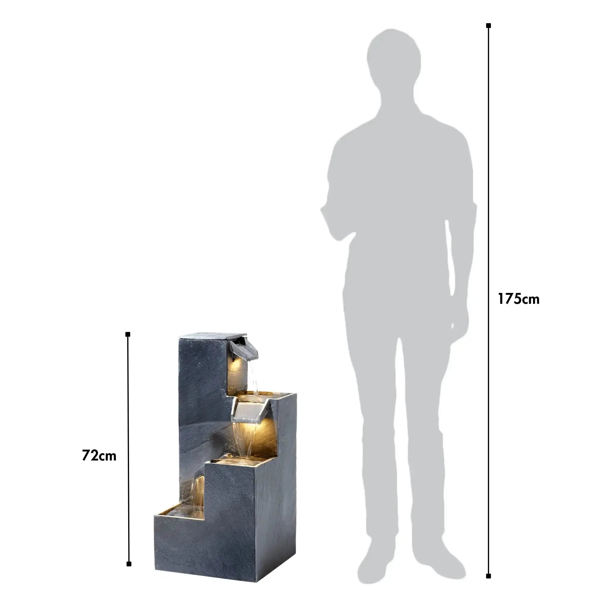 KUBO – Design Stufenbrunnen Schwarz aus Naturschiefer mit Wasserfall und LED-Beleuchtung 35 x 35 x 72 cm 36 kg - CLIMAQUA