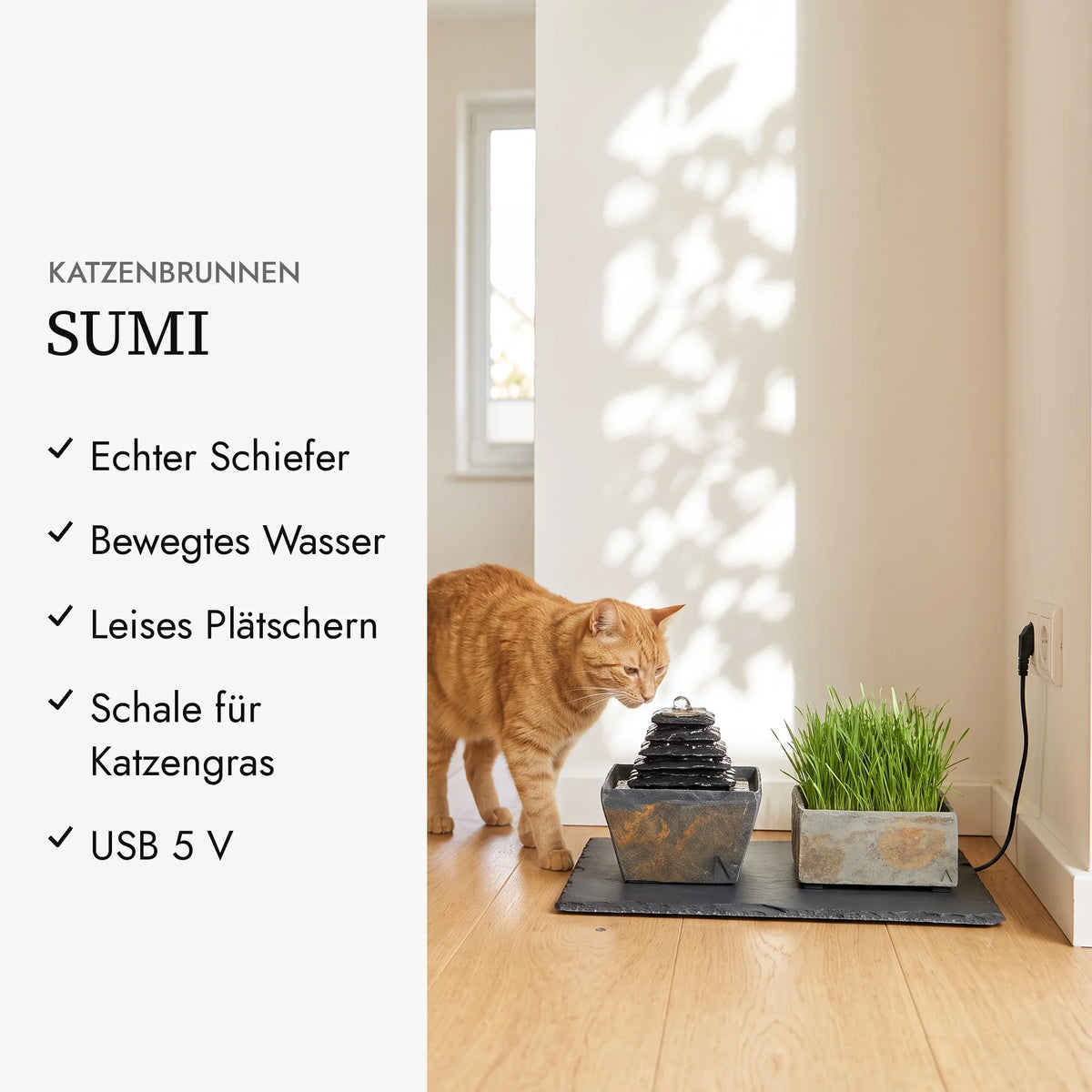 Katzenbrunnen SUMI aus echtem Schiefer Rusty mit Schale für Katzengras in der Küche (KI-Inhalte)