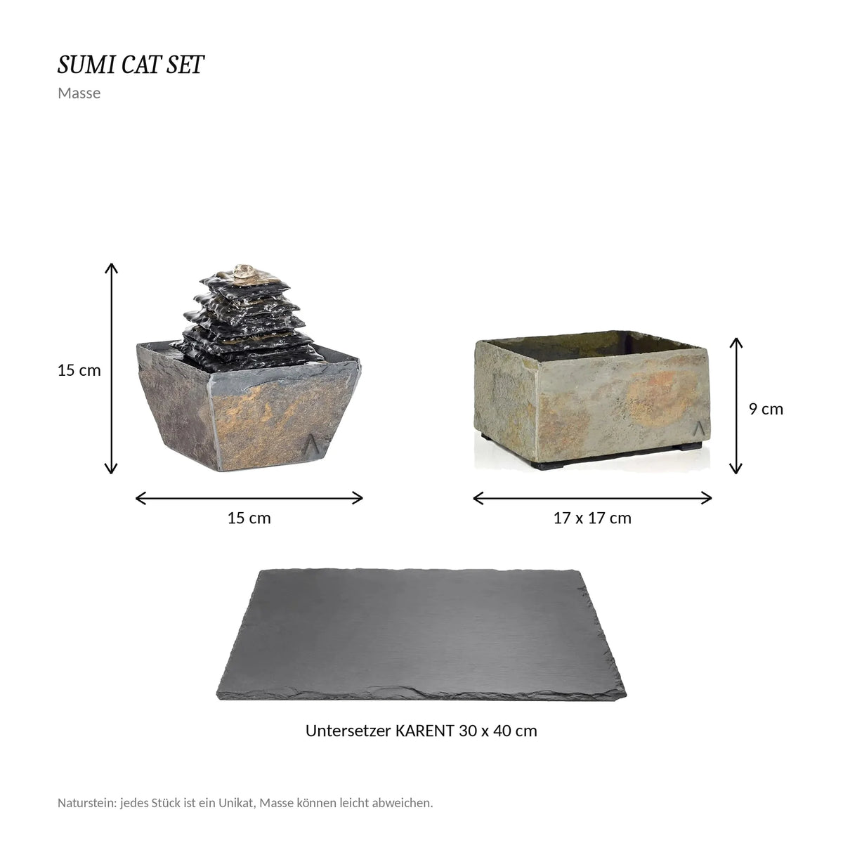 Dimensions of the SUMI PURE CAT SET: fountain 15 cm, BOL 17 17 x 17 x 9 cm, KARENT 30 x 40 cm