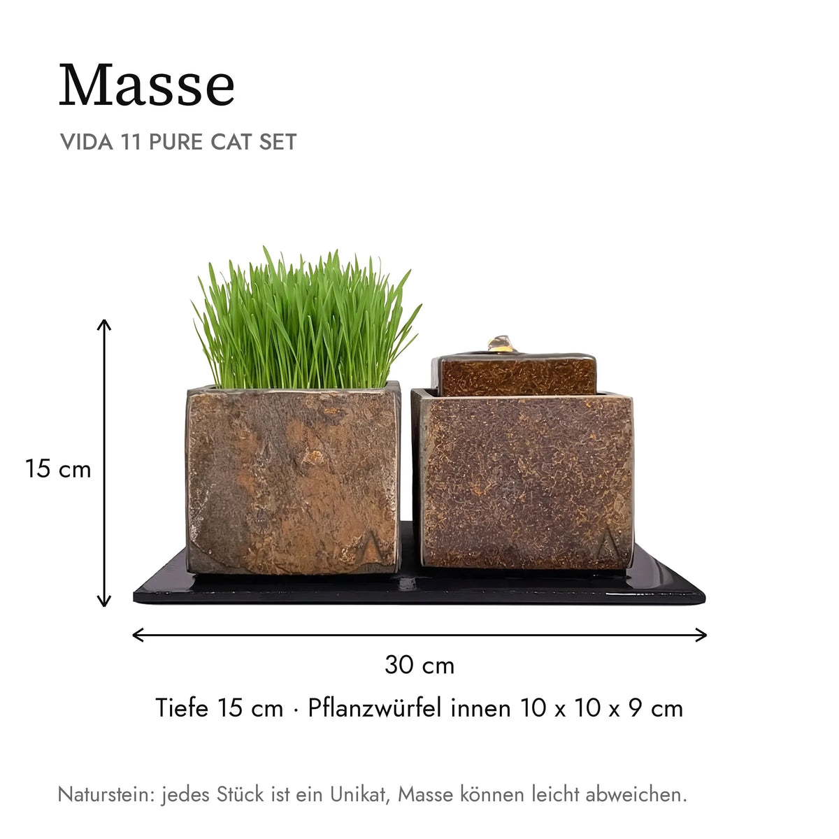 Dimensions du VIDA 11 PURE CAT SET : 30 x 15 x 15 cm, jardinière intérieur 10 x 10 x 9 cm