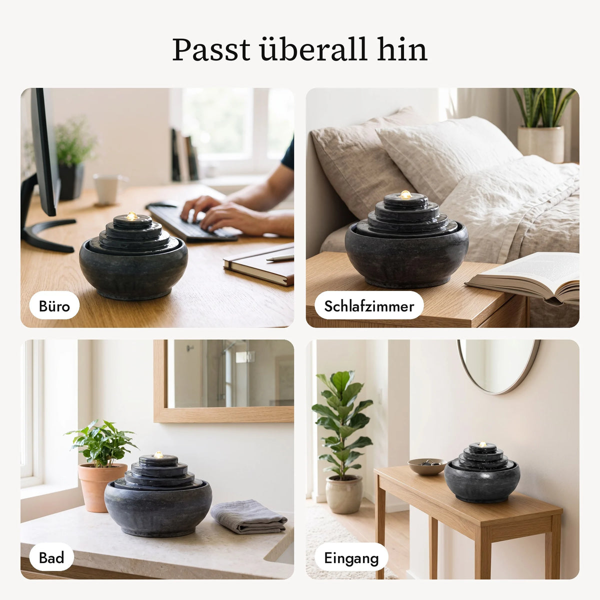 Zimmerbrunnen MODO im Büro, Schlafzimmer, Bad und Eingang (KI-Inhalte)
