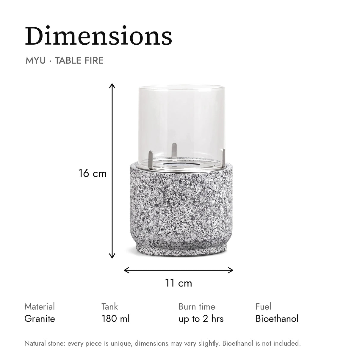 Dimensions of the MYU table fire