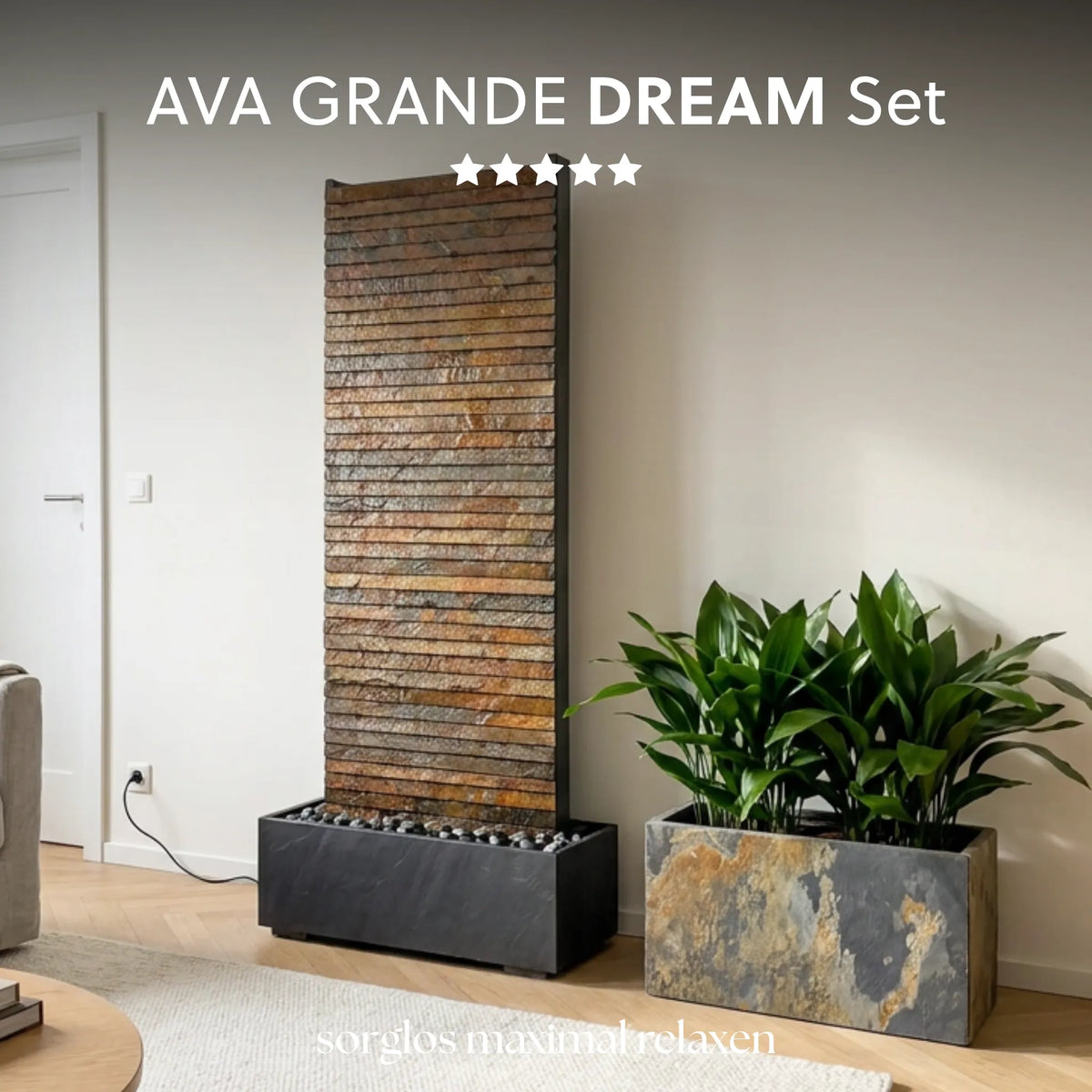 Exklusive XXL Wasserwand 180cm echt Schiefer – AVA GRANDE DREAM SET