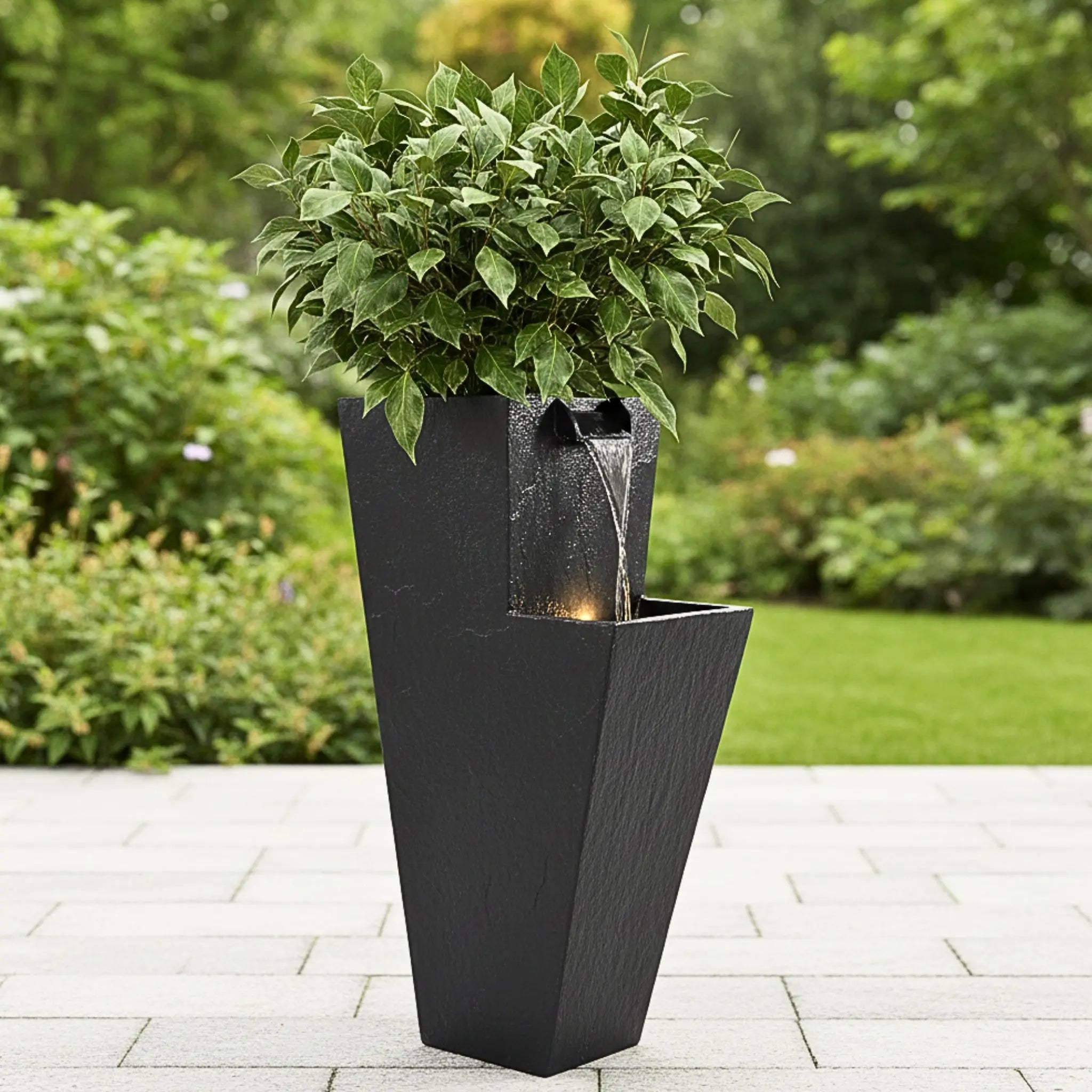 ZOE 30 Anthrazit – Wasserfallbrunnen mit Pflanzgefäss aus Naturschiefer Braun mit LED-Beleuchtung 38 x 26 x 76 cm 25 kg - CLIMAQUA