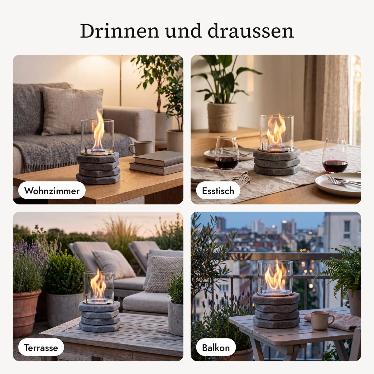Tischfeuer PIERO im Wohnzimmer, am Esstisch, auf der Terrasse und auf dem Balkon (KI-Inhalte)