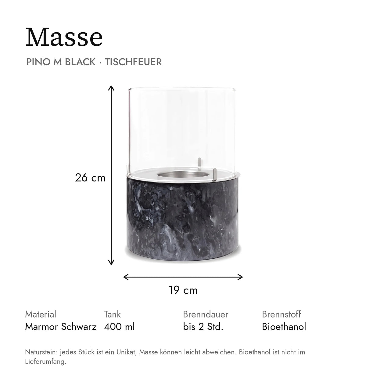 Masse Tischfeuer PINO M BLACK: 19 x 19 x 26 cm, Tank 400 ml, Brenndauer bis 2 Stunden