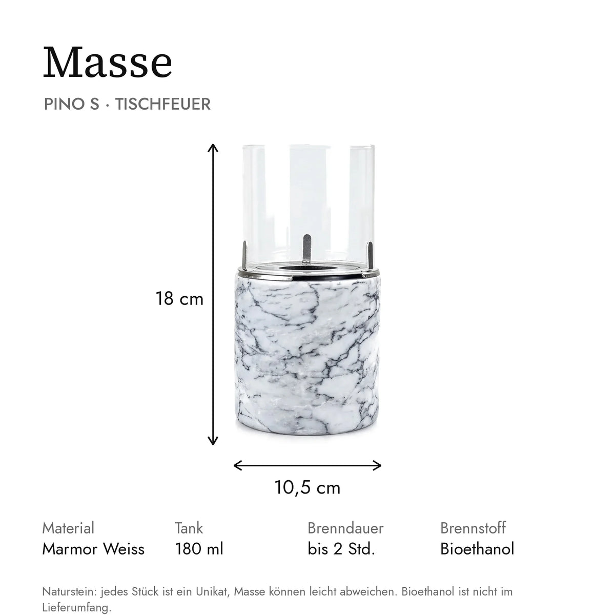Masse Tischfeuer PINO S: 10,5 x 10,5 x 18 cm, Tank 180 ml, Brenndauer bis 2 Stunden