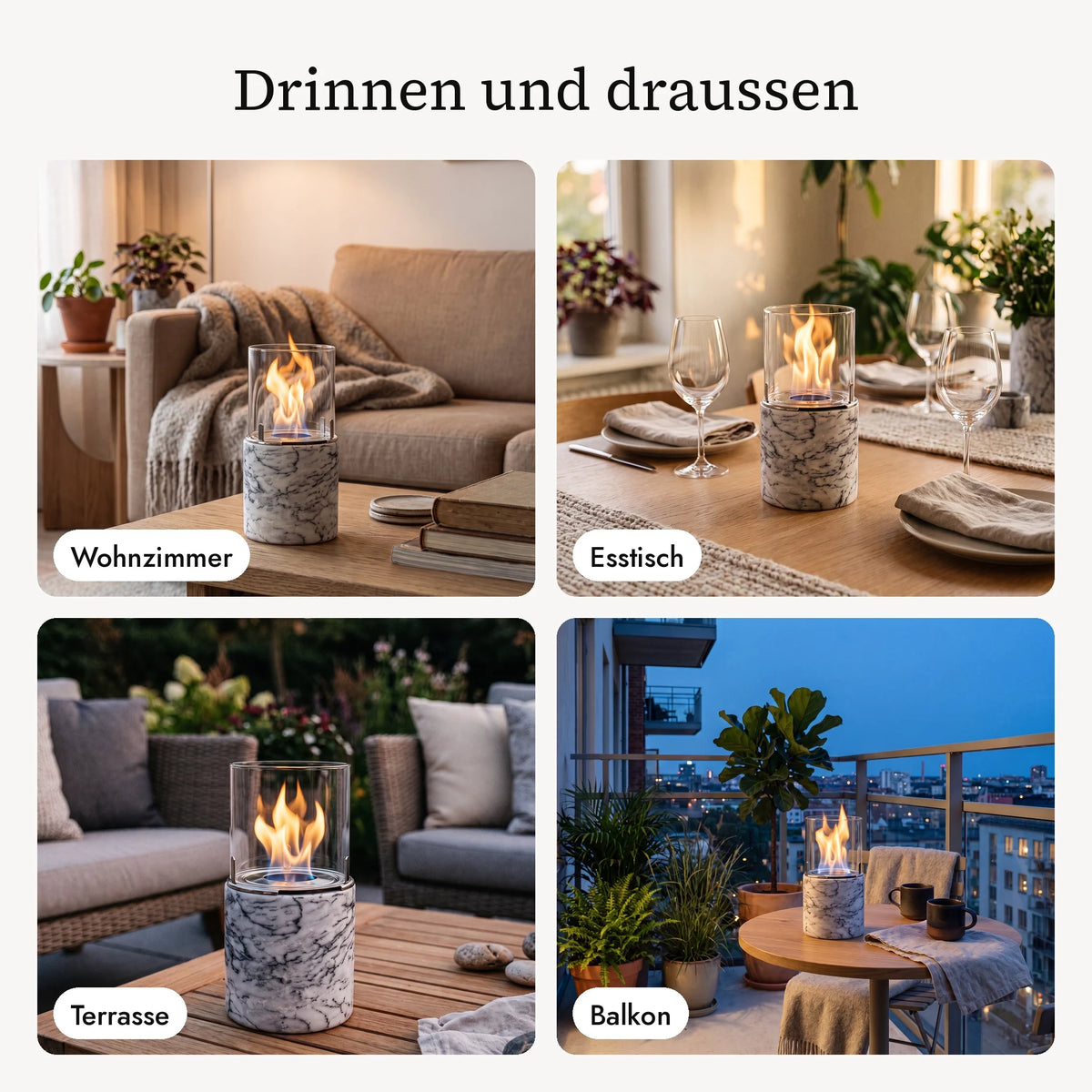 Tischfeuer PINO S im Wohnzimmer, am Esstisch, auf der Terrasse und auf dem Balkon (KI-Inhalte)