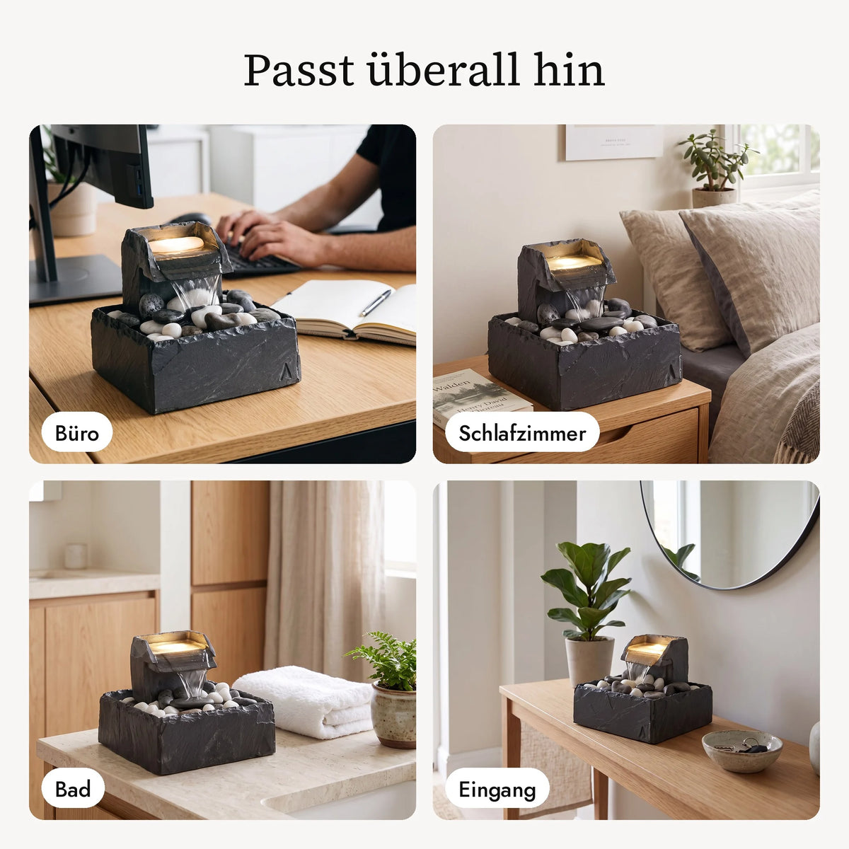 Tischbrunnen SAMUI im Büro, Schlafzimmer, Bad und Eingang (KI-Inhalte)