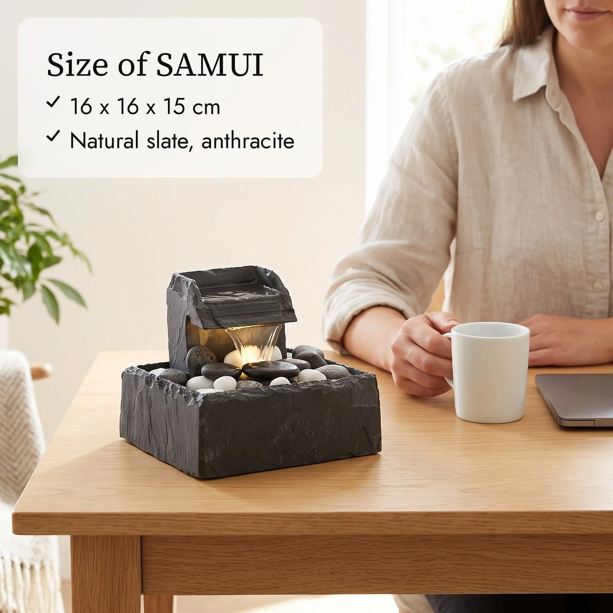 Size of the SAMUI tabletop fountain (AI content)
