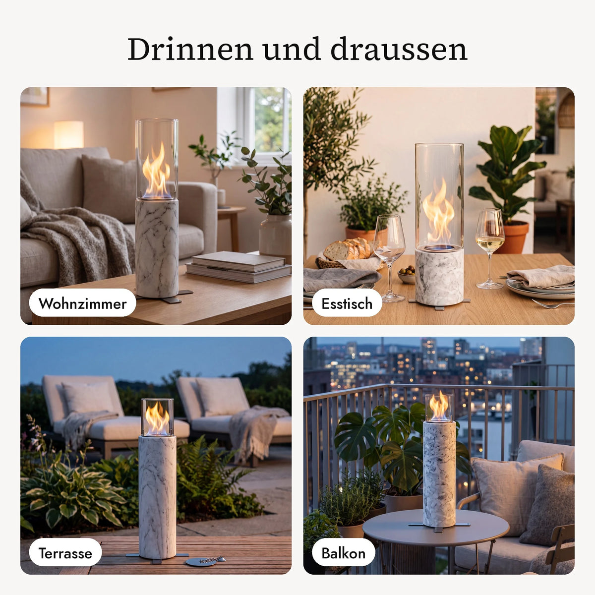 Tischfeuer SIENA M im Wohnzimmer, am Esstisch, auf der Terrasse und auf dem Balkon (KI-Inhalte)