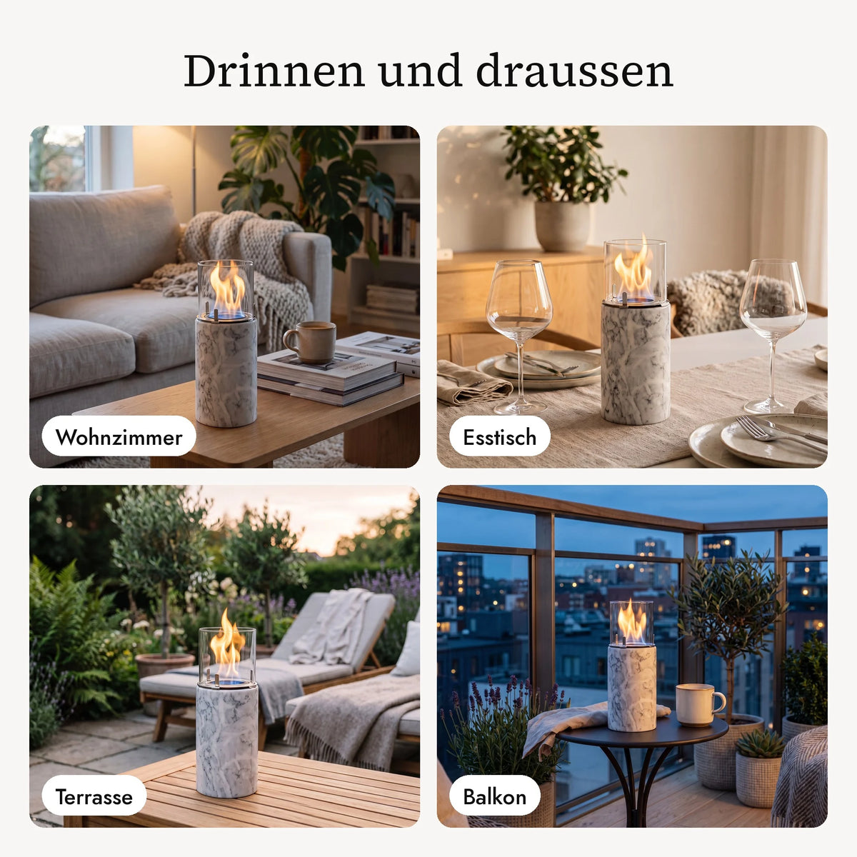 Tischfeuer SIENA S im Wohnzimmer, am Esstisch, auf der Terrasse und auf dem Balkon (KI-Inhalte)