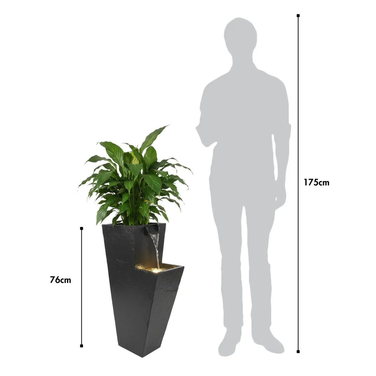 ZOE 30 Anthrazit – Wasserfallbrunnen mit Pflanzgefäss aus Naturschiefer Braun mit LED-Beleuchtung 38 x 26 x 76 cm 25 kg - CLIMAQUA