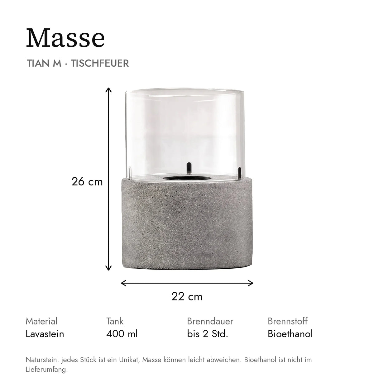 Masse Tischfeuer TIAN M: 22 x 22 x 26 cm, Tank 400 ml, Brenndauer bis 2 Stunden