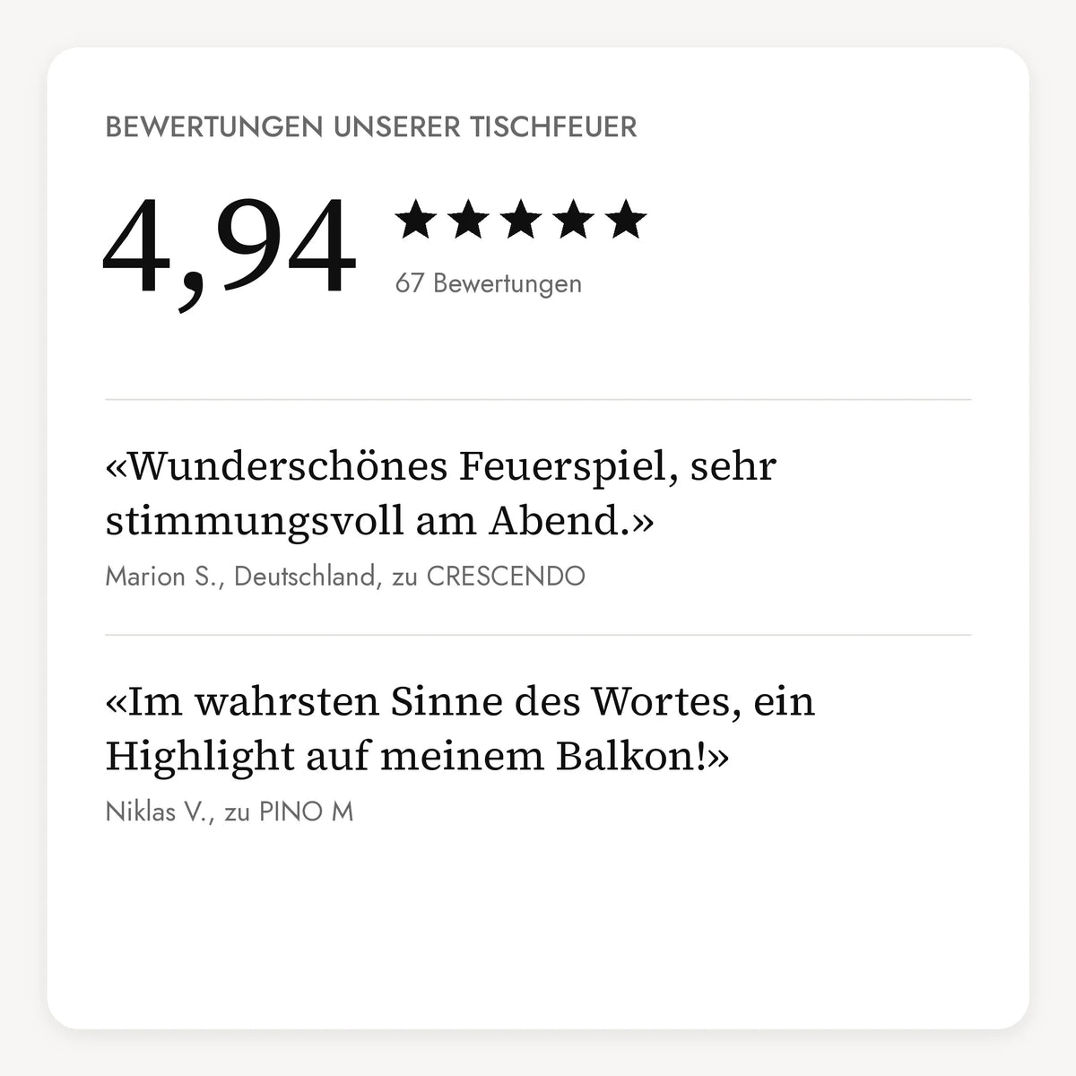 Bewertungen unserer Tischfeuer: 4,94 von 5 Sternen aus 67 Bewertungen