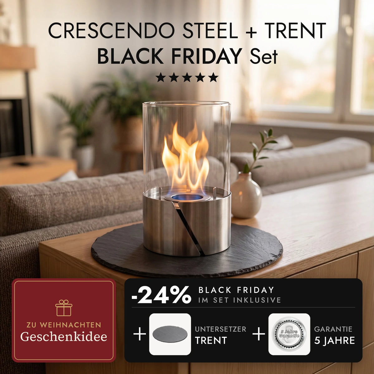 Feu de table CRESCENDO STEEL avec flamme vive sur le sous-plat en ardoise TRENT dans le salon, set CRESCENDO STEEL + TRENT BLACK FRIDAY (contenus IA)